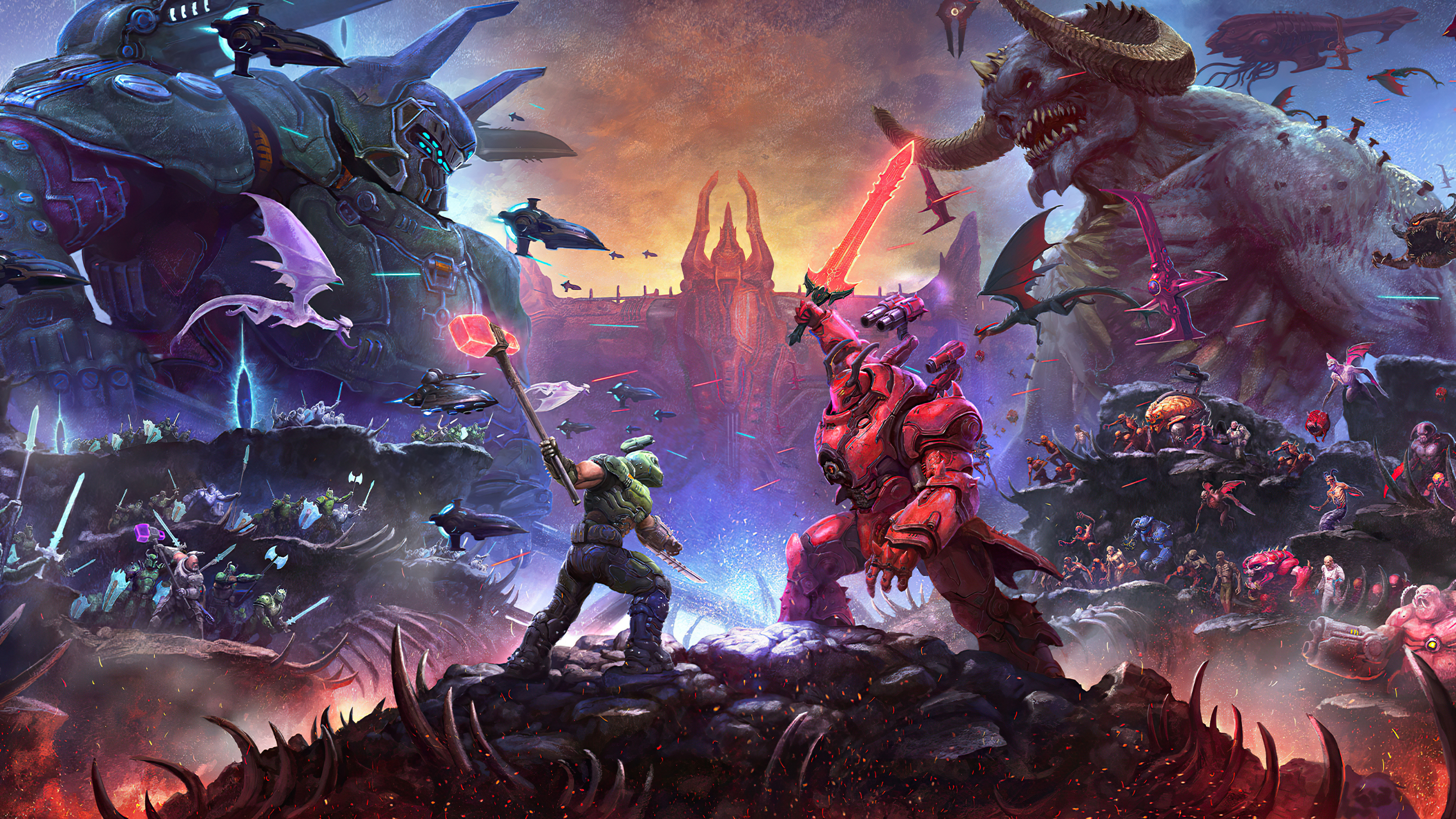 Doom Slayer, Dark Lord Davoth, Sentinel Atlan mech, Hell Titan, 4K Desktop wallpaper