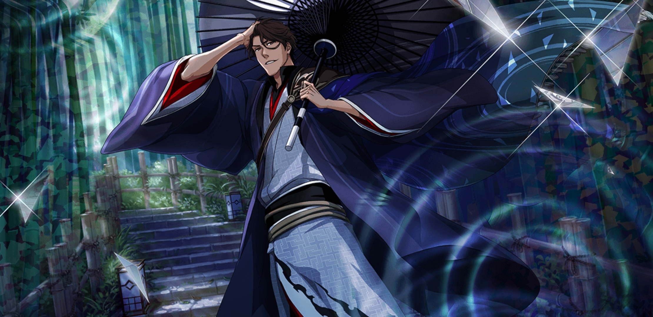 Sosuke Aizen, wagasa paper umbrella, bamboo forest pathway, Dual Screen Desktop wallpaper