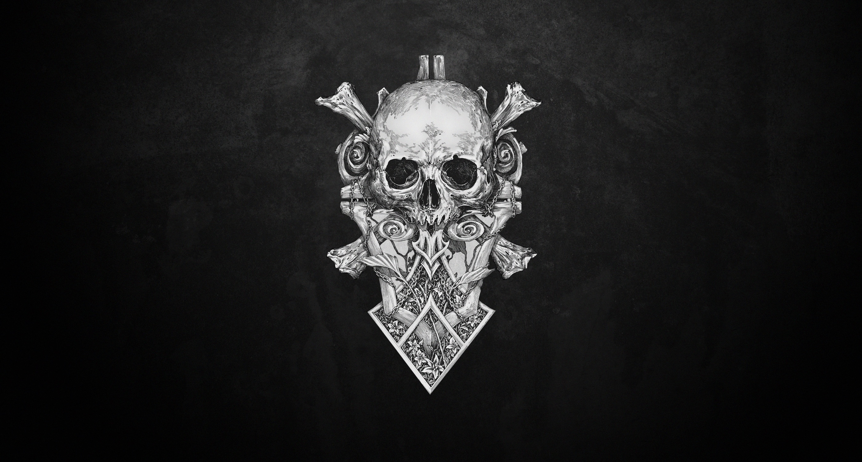 Engraved silver skull crest, Roses and crossed bones, Arrowhead filigree pendant, HD Desktop wallpaper