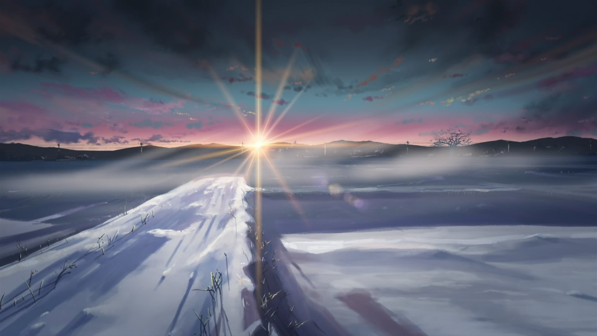 5 Centimeters per Second sunrise, Snow-covered rural path, Morning mist horizon, Full HD Desktop wallpaper