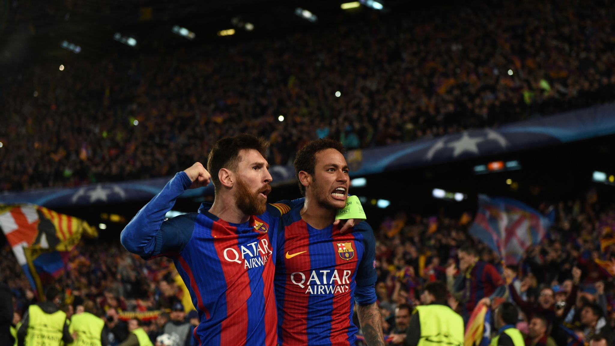 Lionel Messi, Neymar Jr., FC Barcelona home kit, Camp Nou crowd, HD Desktop wallpaper