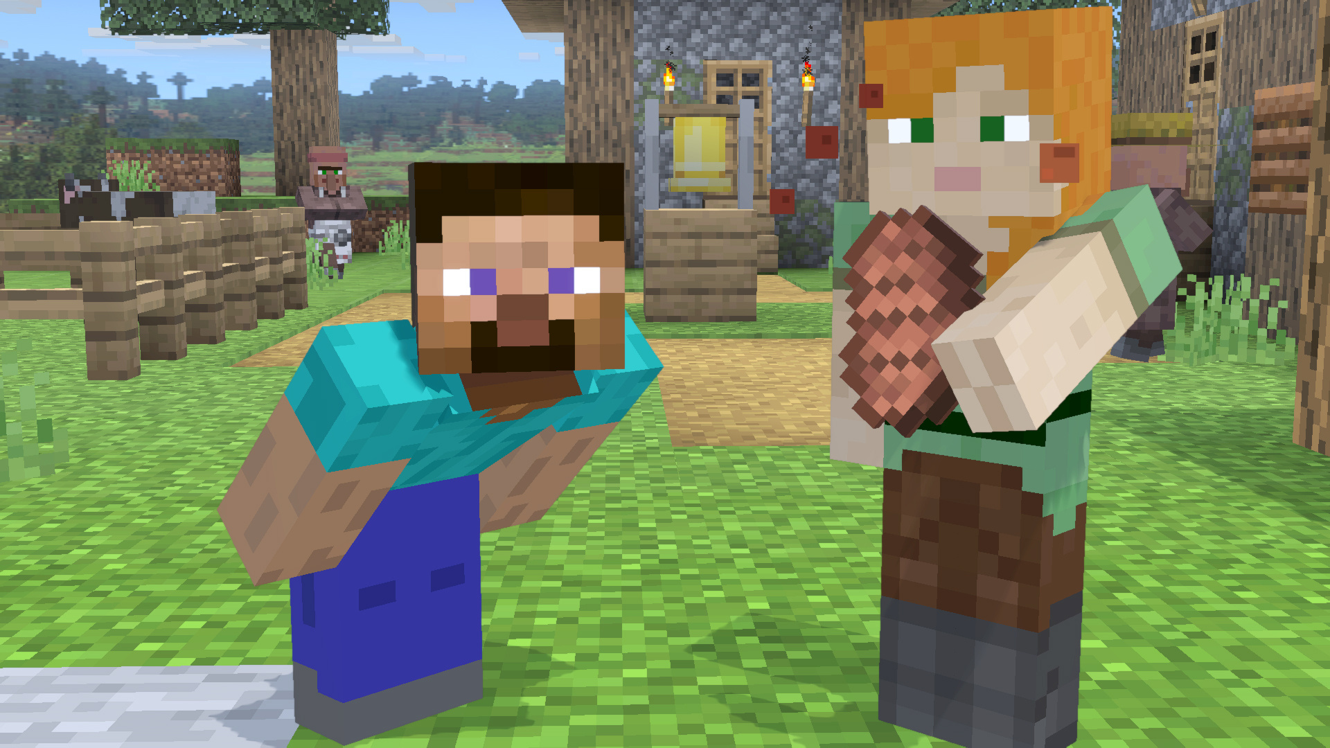 Steve, Alex, Minecraft village, Full HD Desktop wallpaper