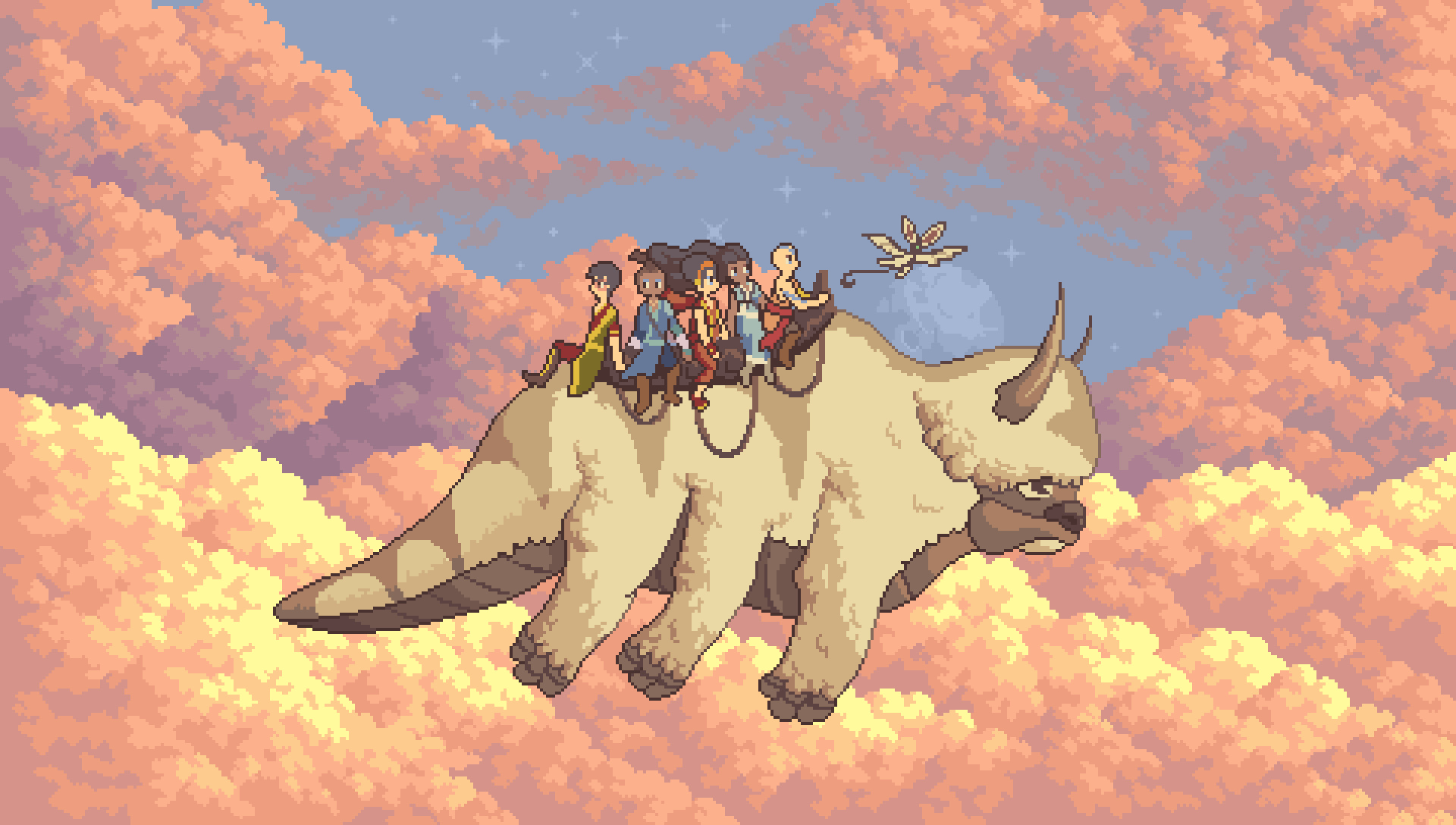 Appa, Team Avatar, Momo, pixel art sunset clouds, HD Desktop wallpaper