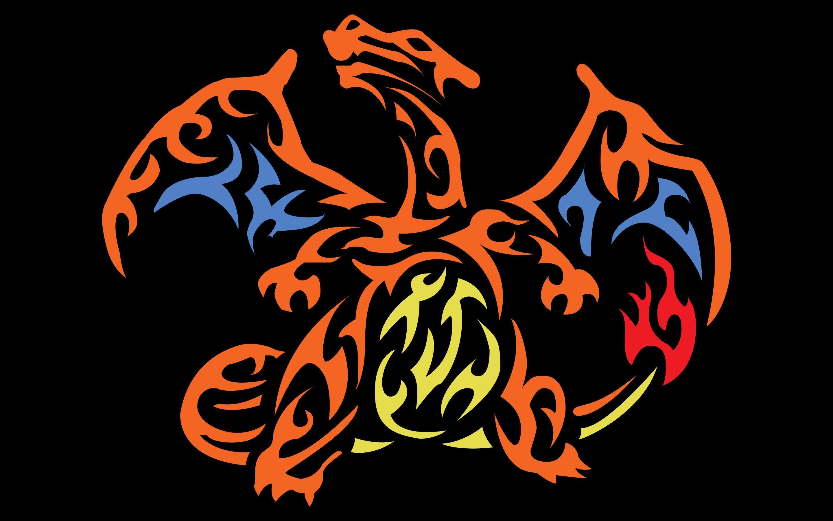 Charizard, Tribal tattoo art style, Solid black background, HD Desktop wallpaper