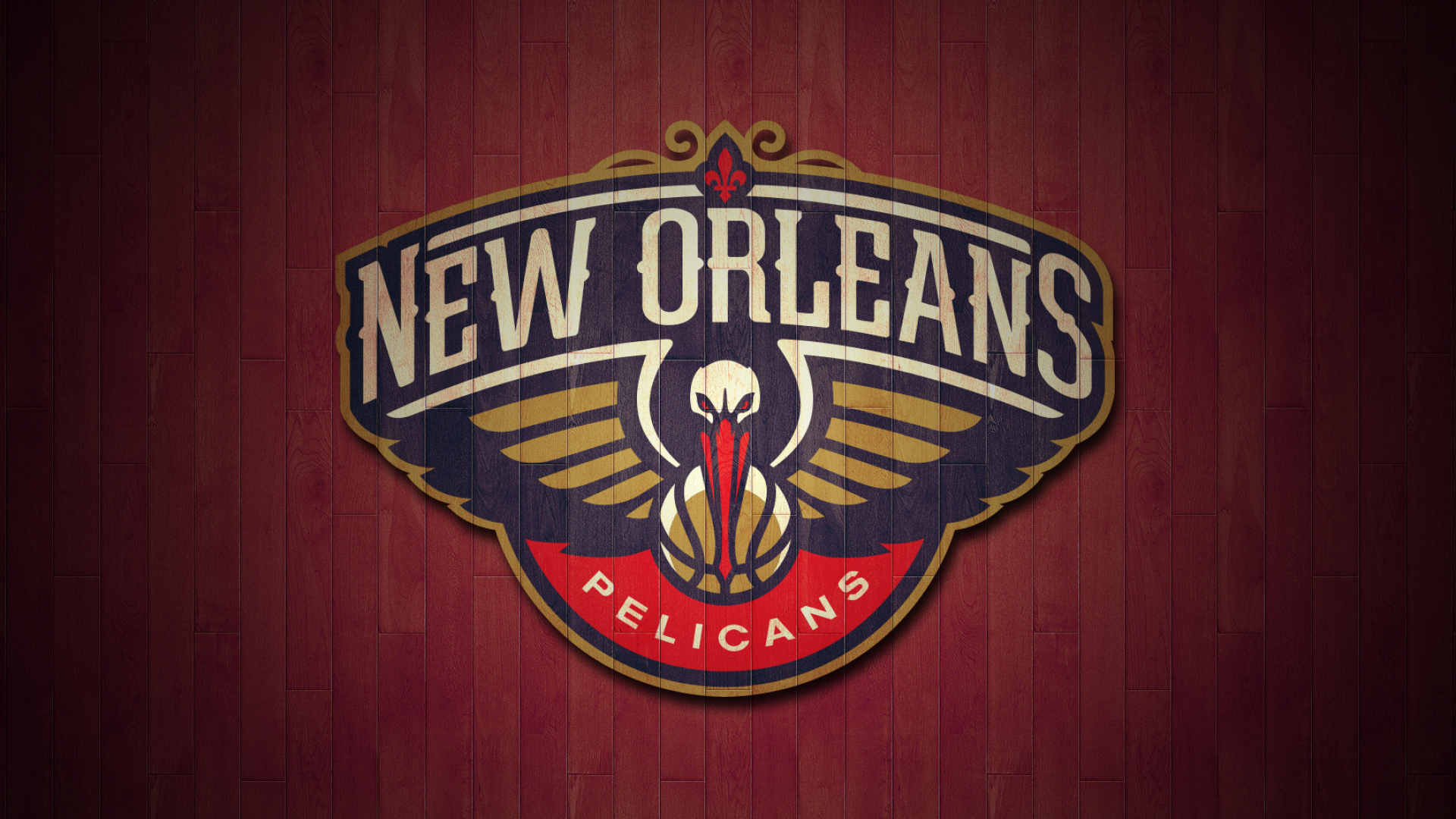 New Orleans Pelicans logo, Deep red hardwood planks, NBA, Full HD Desktop wallpaper