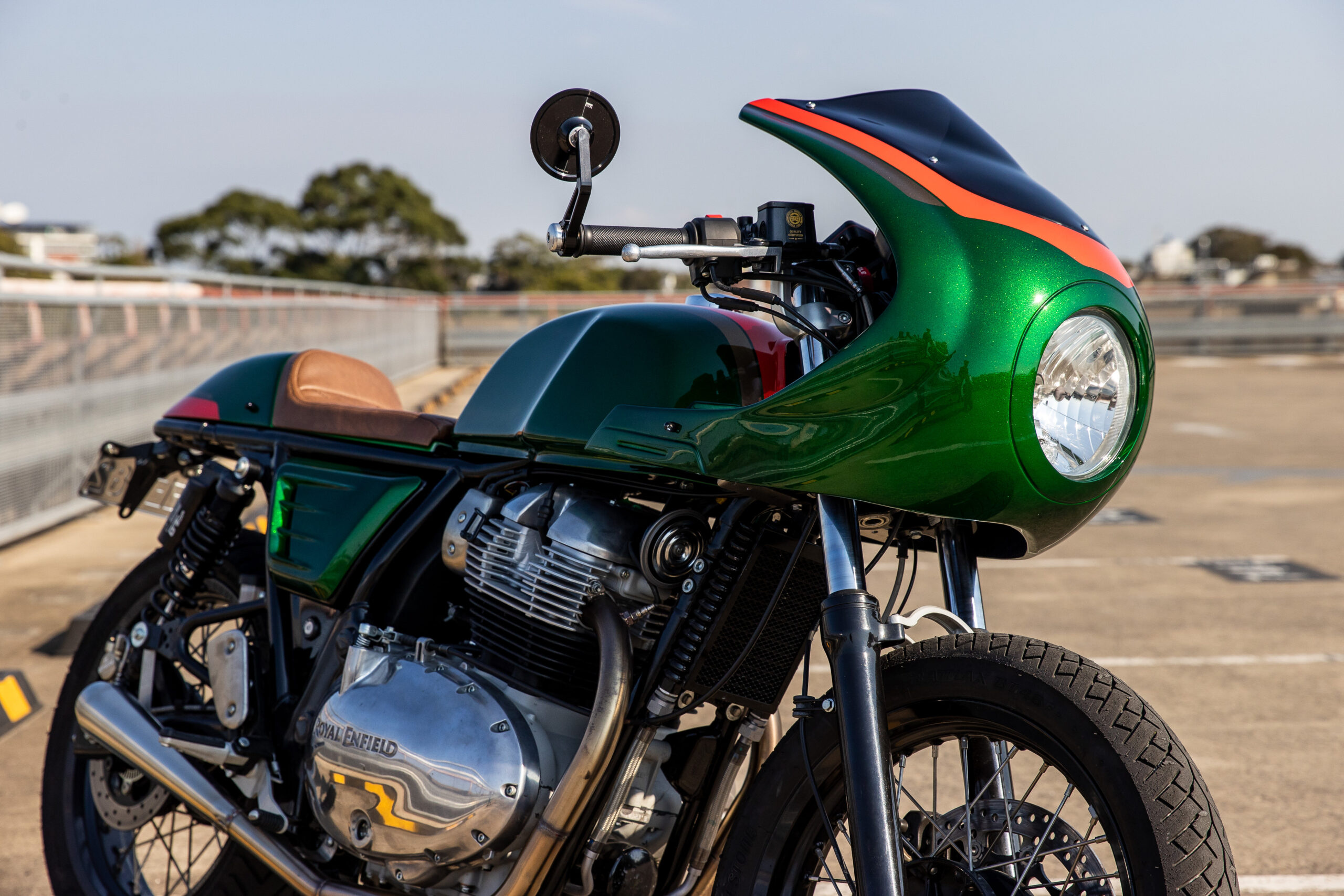 Royal Enfield Continental GT 650, Green cafe racer fairing, Rooftop parking lot, HD Desktop wallpaper