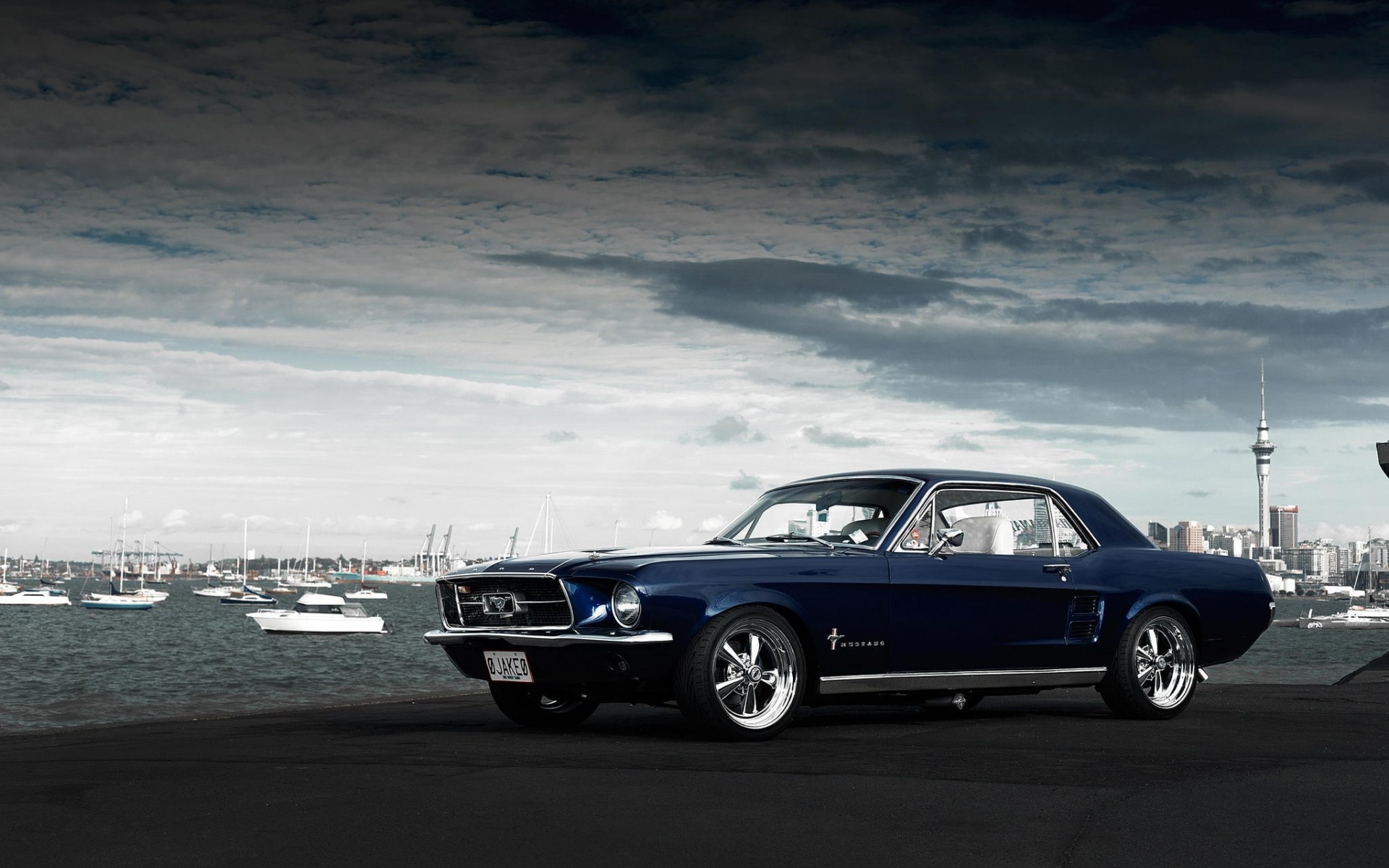 1967 Ford Mustang Coupe, Sky Tower Auckland, Auckland Harbour waterfront, HD Desktop wallpaper