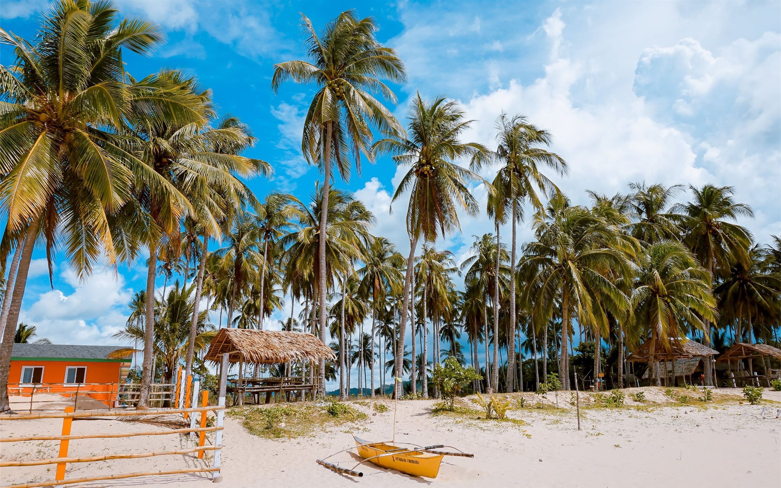 Tropical coconut palm grove, Yellow outrigger canoe, Thatched beach hut, HD Desktop wallpaper