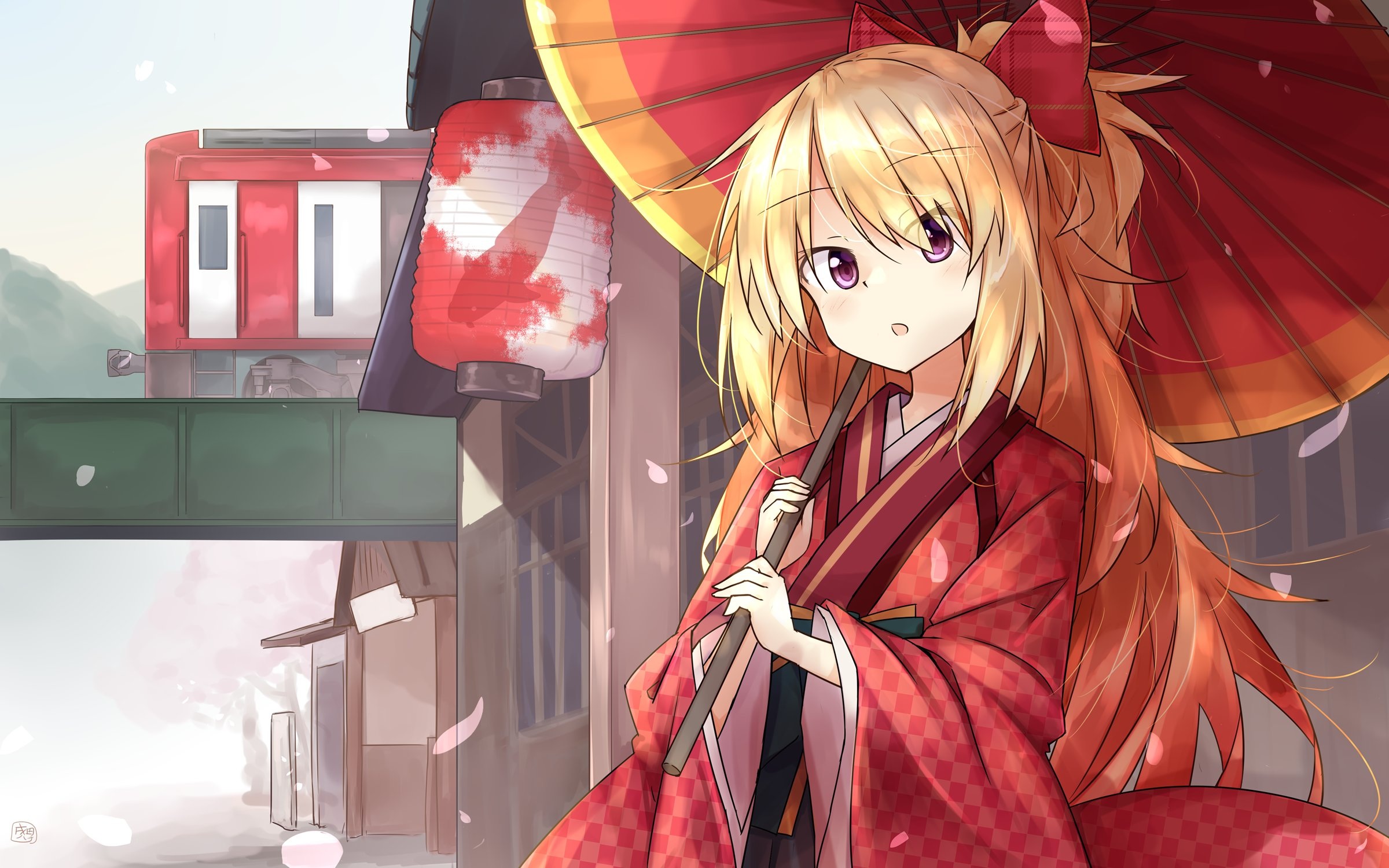 Anime kimono girl, Red paper parasol, Village train car, Falling sakura petals, HD Desktop wallpaper