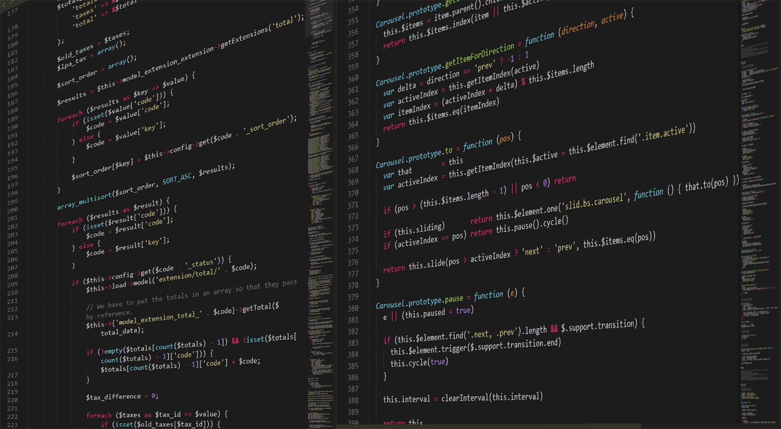 Bootstrap Carousel JavaScript, PHP source code, dark theme code editor, HD Desktop wallpaper