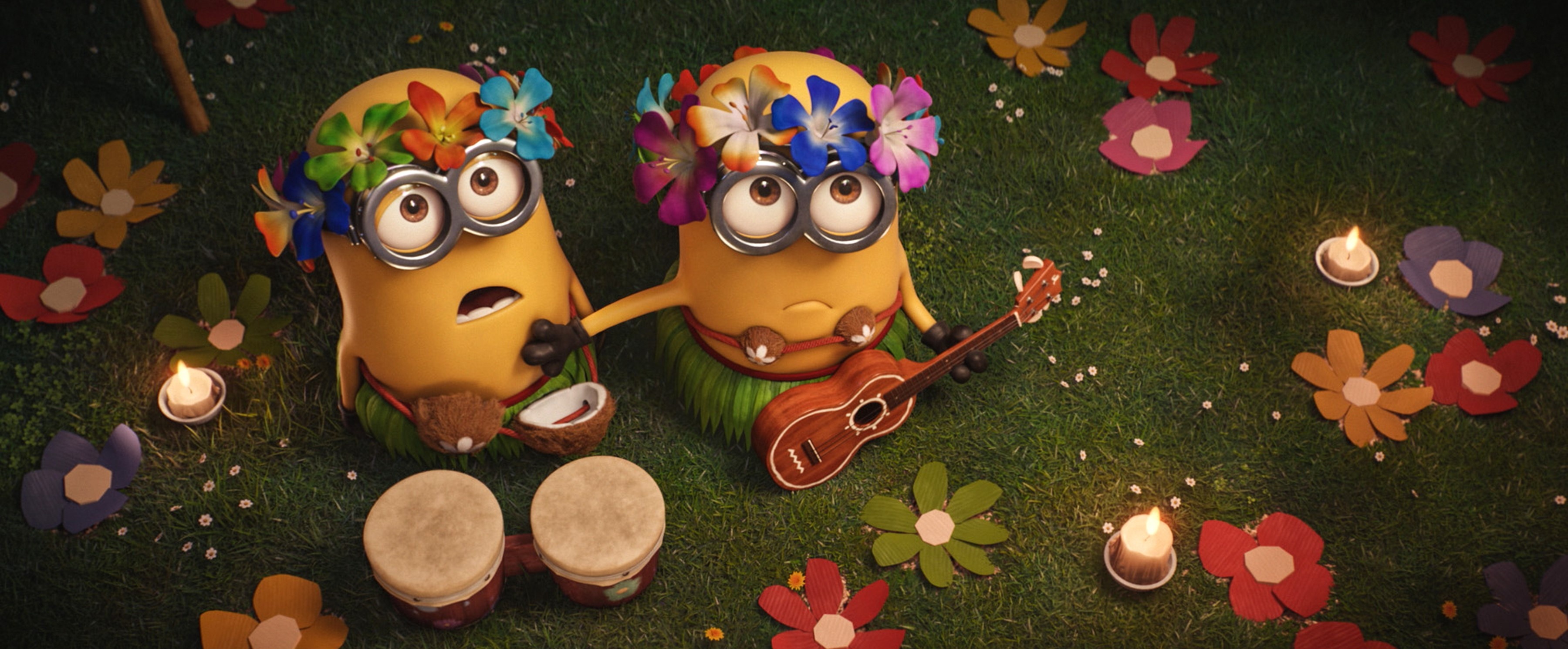 Hula Minions, Ukulele and bongo drums, Paper flowers and candles, Dual Screen Desktop wallpaper