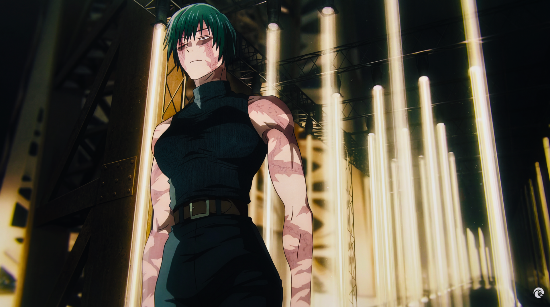 Maki, Scarred arms, Glowing tube lights in the dark, HD Desktop wallpaper