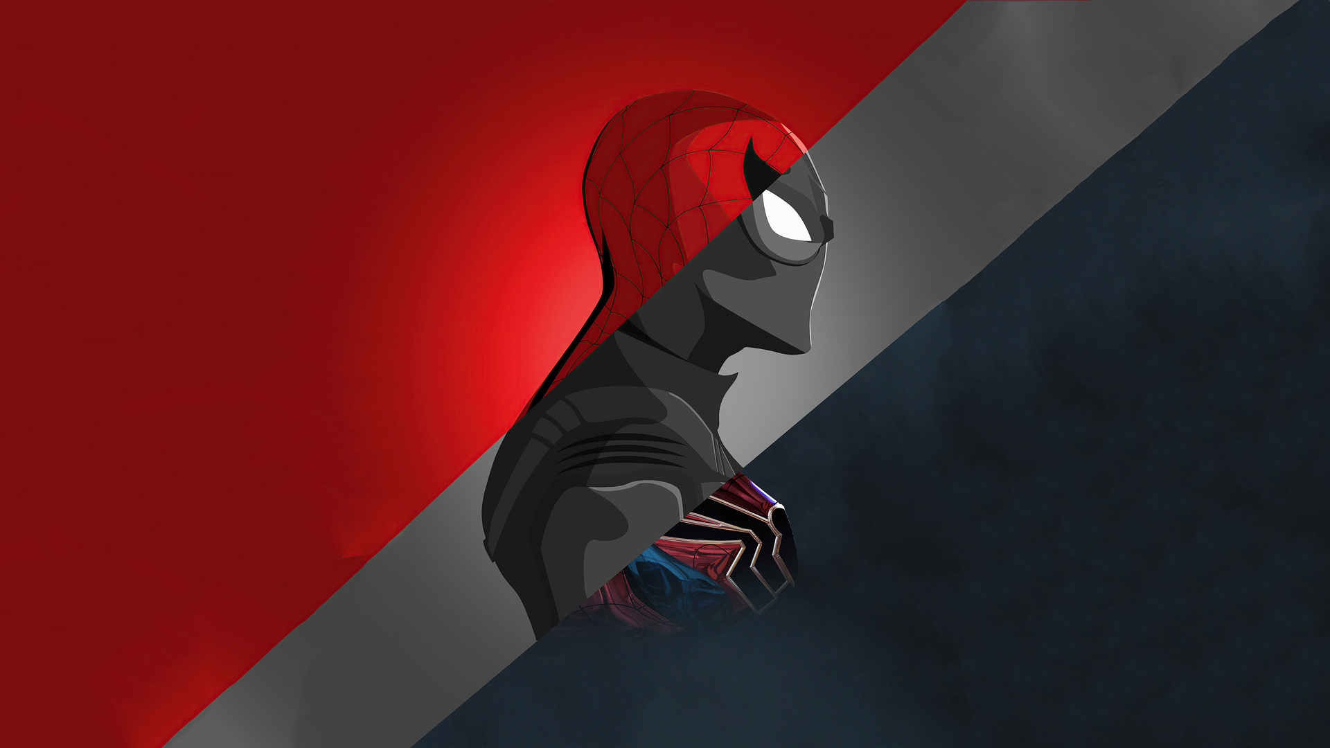 Spider-Man profile portrait, Iron Spider armor detail, Diagonal color block design, Full HD Desktop wallpaper