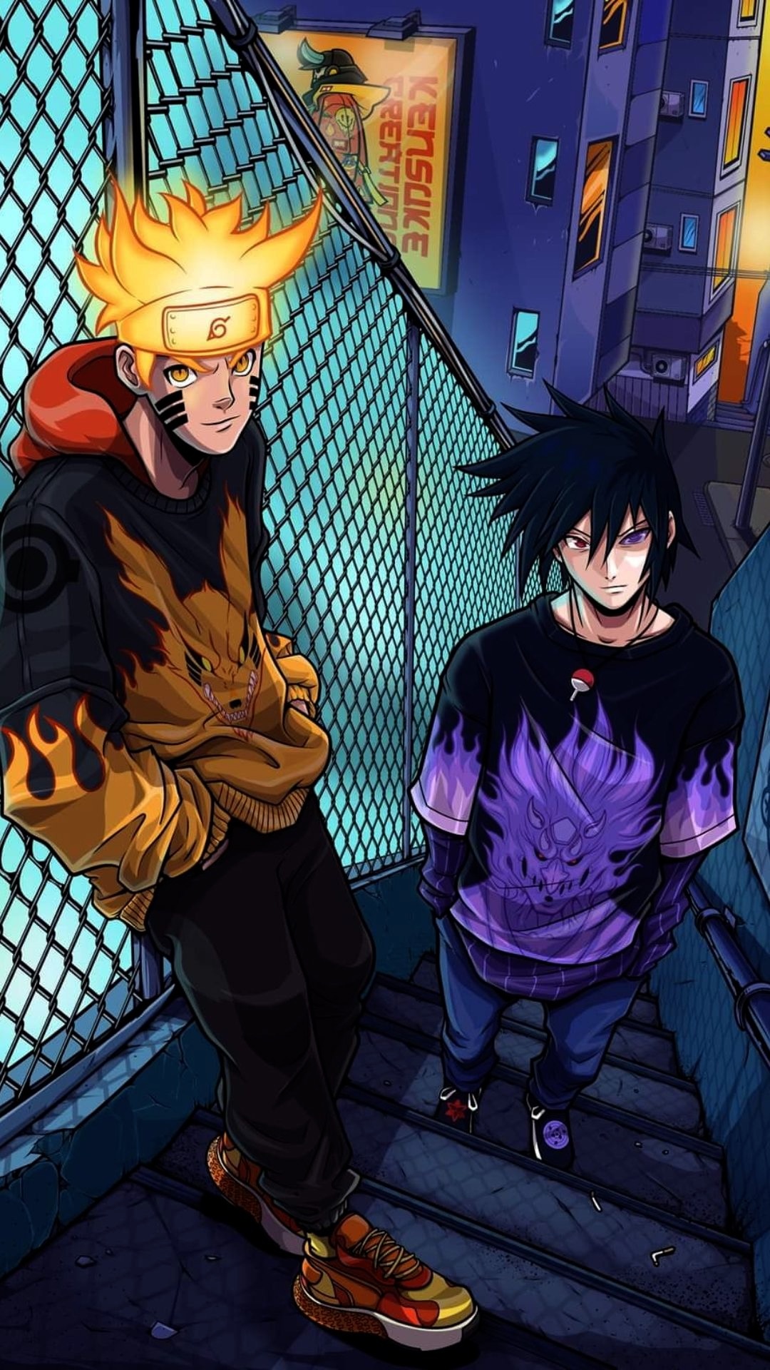 Naruto Uzumaki, Sasuke Uchiha, Kurama flame hoodie, Full HD Phone wallpaper