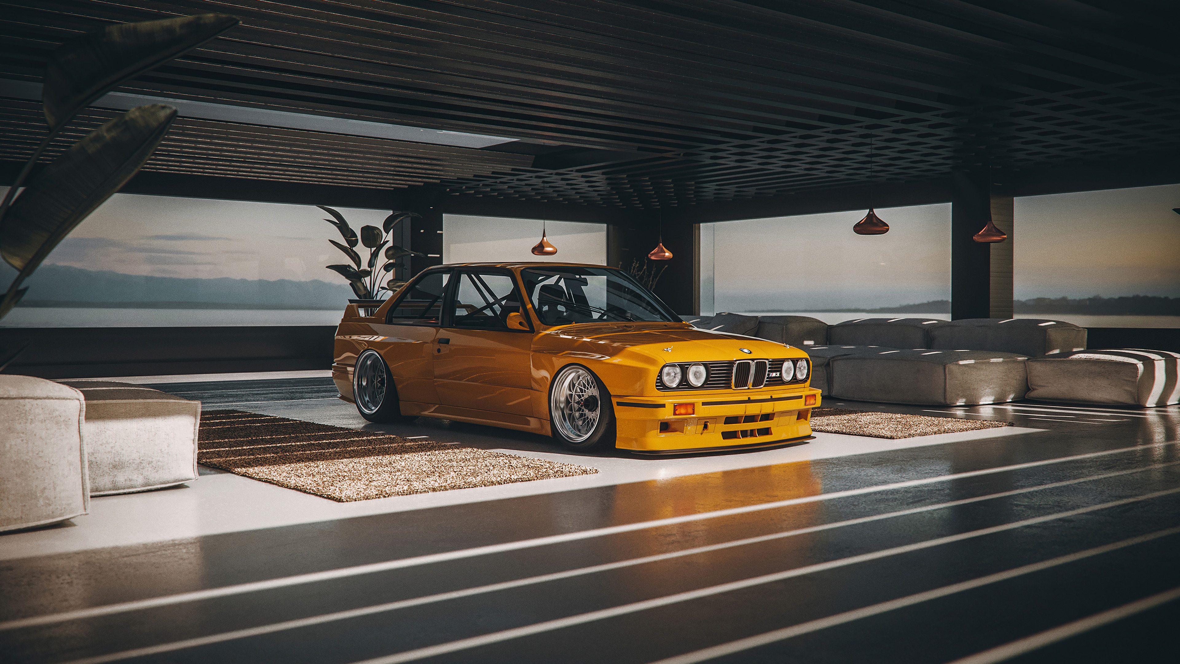 yellow BMW M3 E30, modern lakefront garage lounge, deep dish BBS wheels, 4K Desktop wallpaper