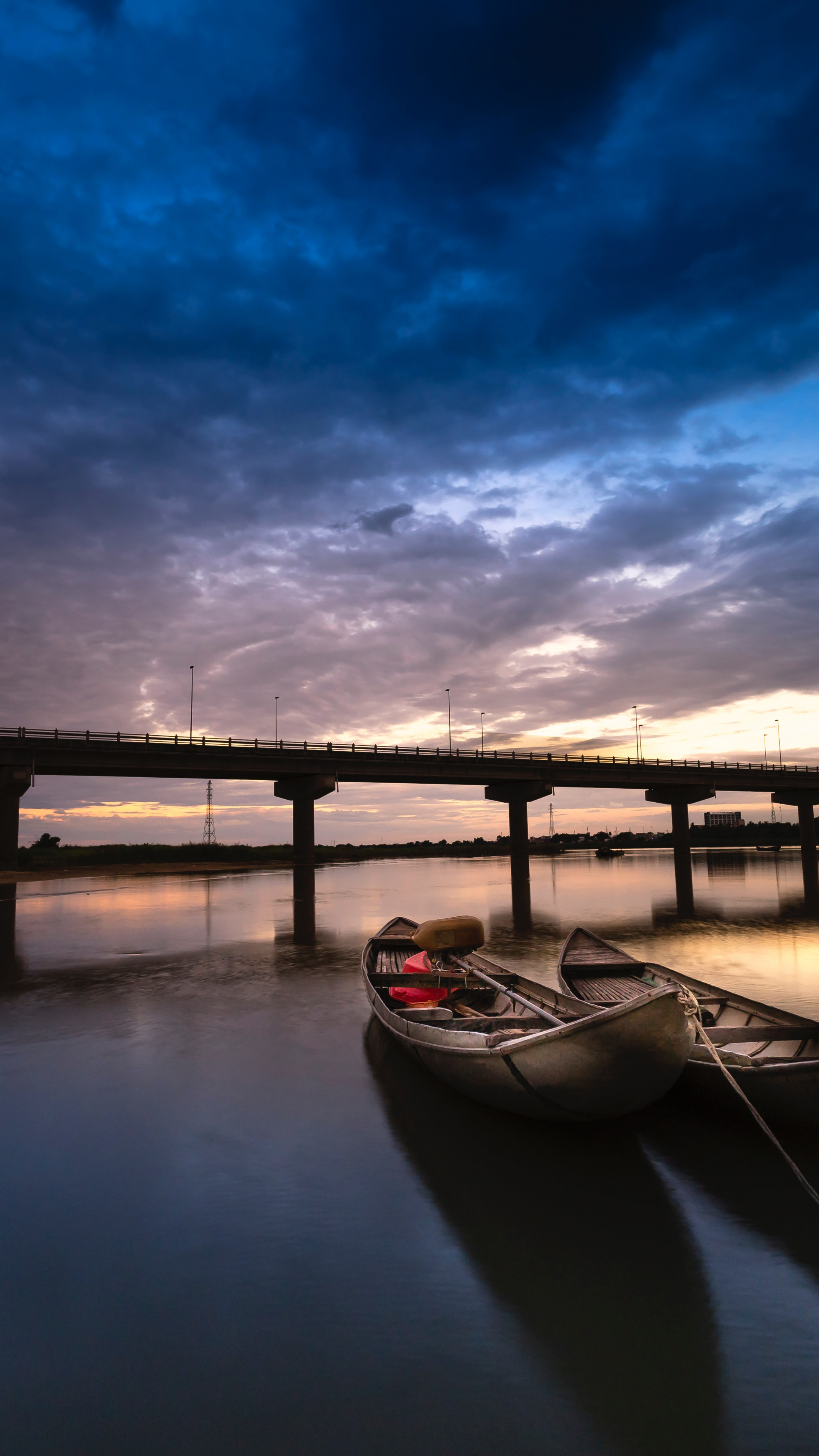 Boat travels, Bridge river, Sunset wallpaper, 2160x3840 4K Phone