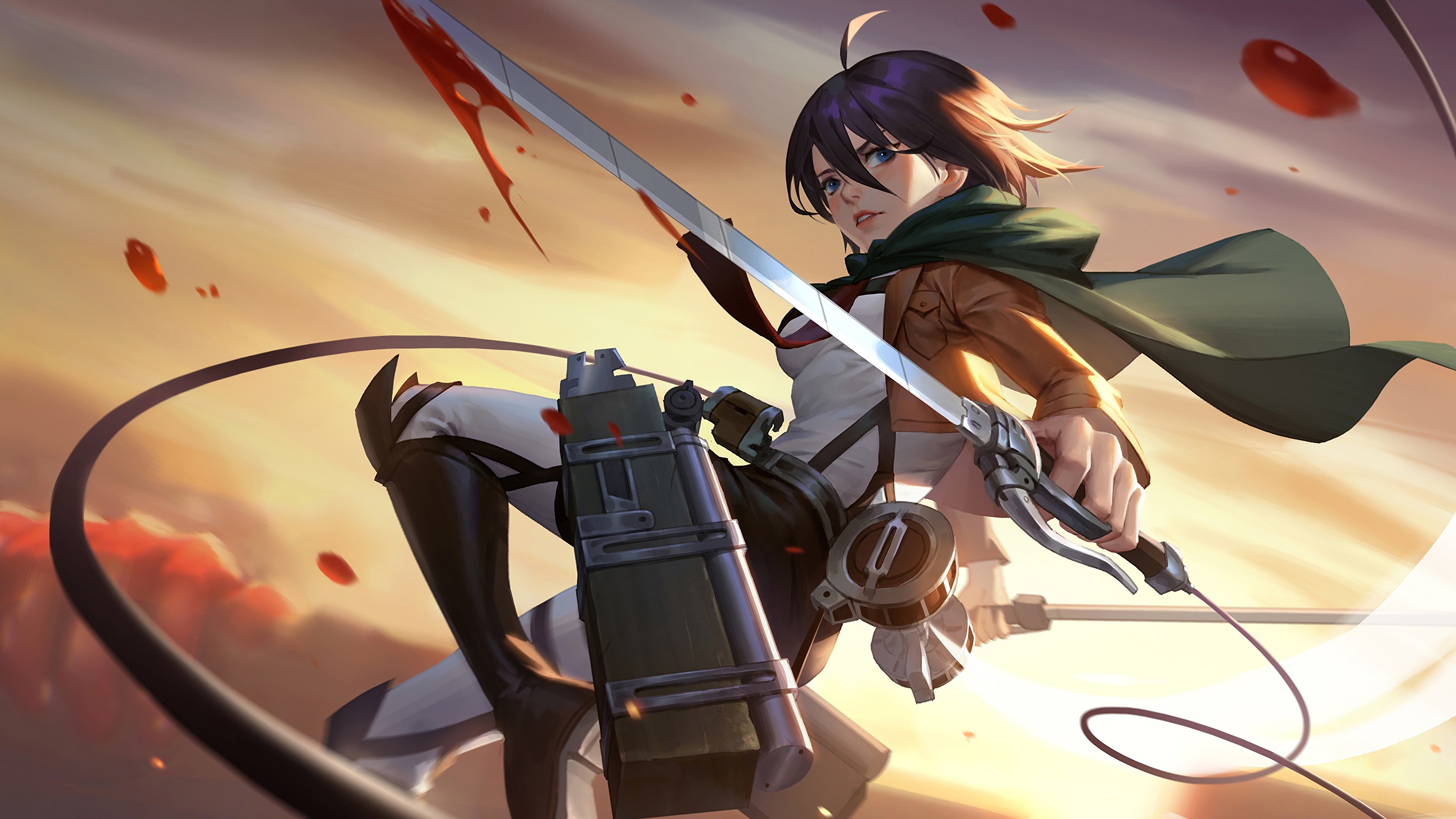 Mikasa Ackerman, omni-directional mobility gear, ultrahard steel blade, 4K Desktop wallpaper
