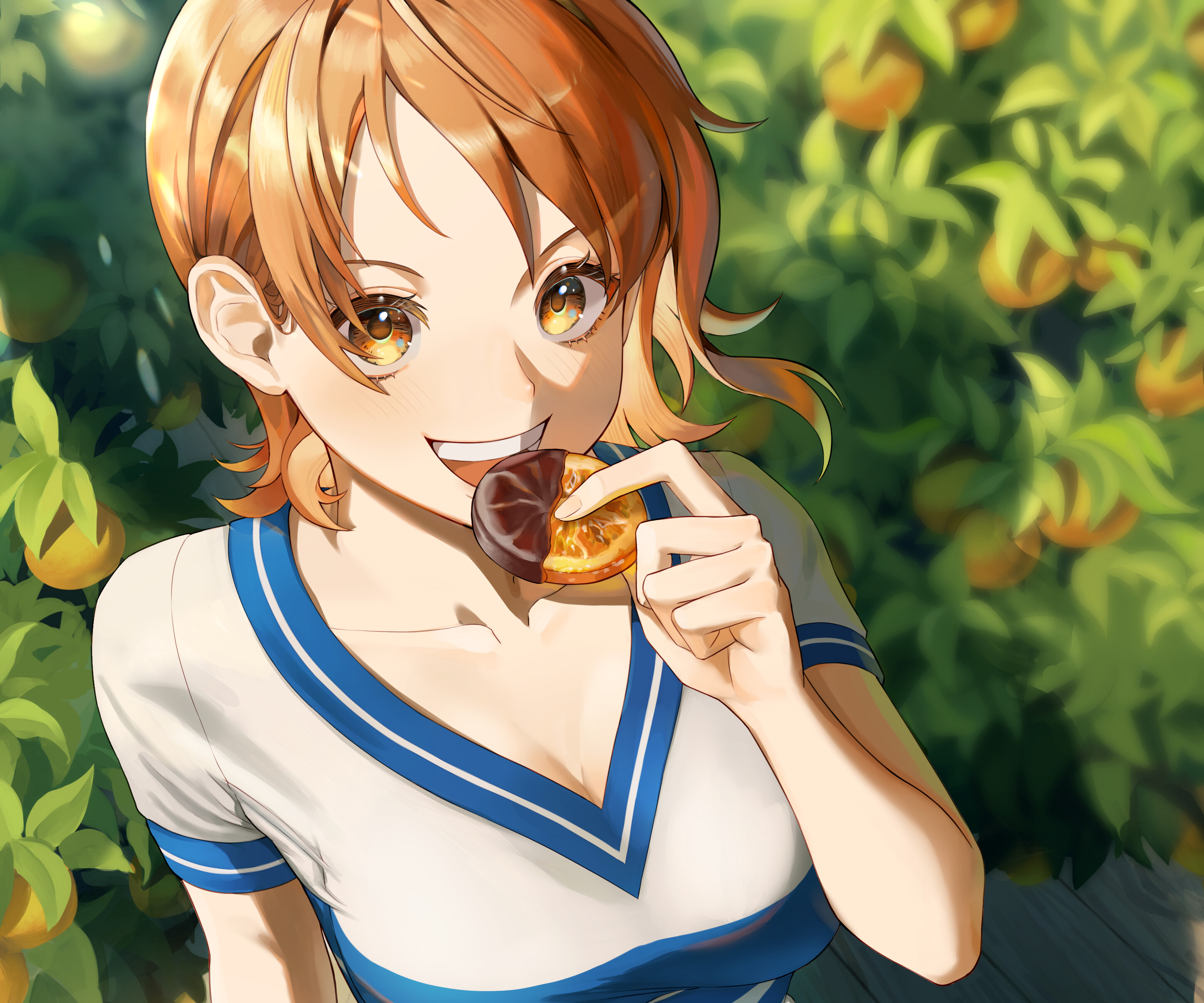Nami, Mikan orchard, Candied orange slice, Striped V-neck top, HD Desktop wallpaper