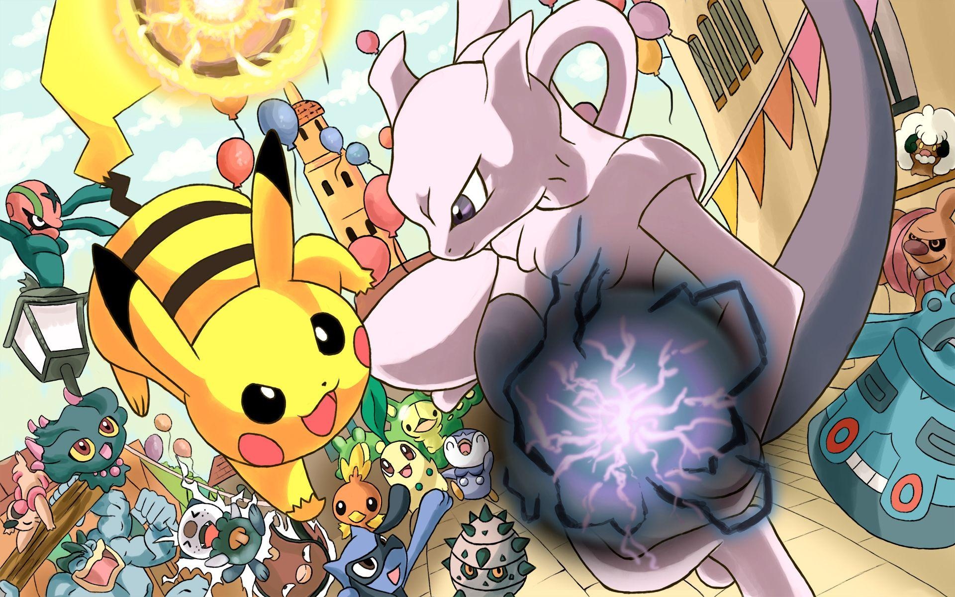 Pikachu, Mewtwo, Shadow Ball, Bronzong, HD Desktop wallpaper