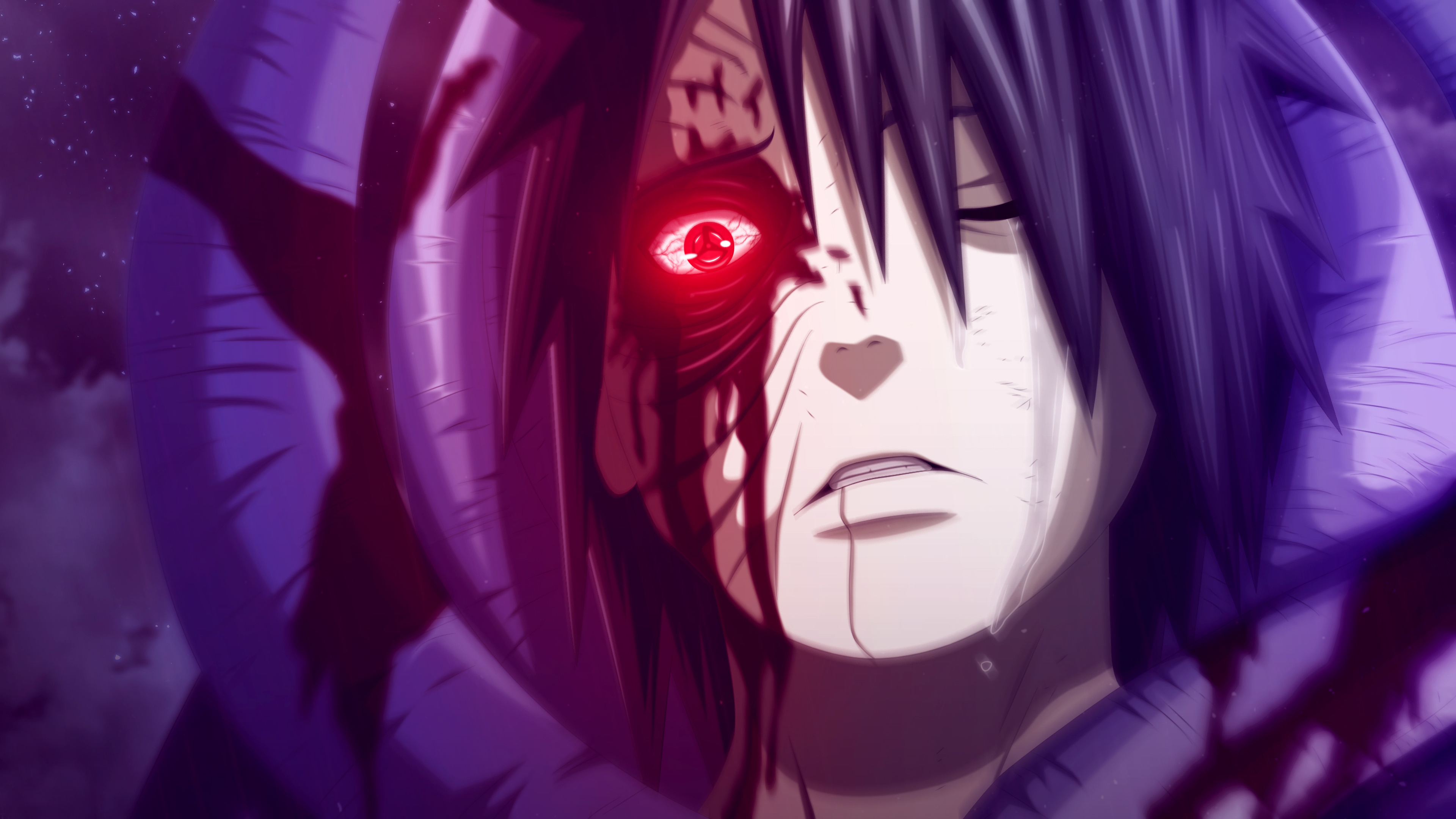 young Obito Uchiha, glowing Mangekyo Sharingan, Spiral Zetsu armor, 4K Desktop wallpaper