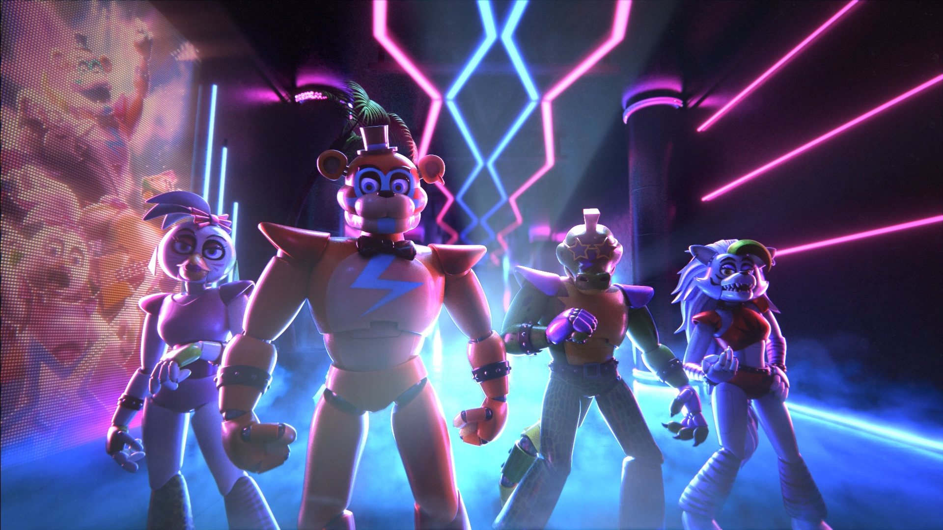 Glamrock Freddy, Glamrock Chica, Montgomery Gator, Roxanne Wolf, Neon concert stage lighting, Full HD Desktop wallpaper