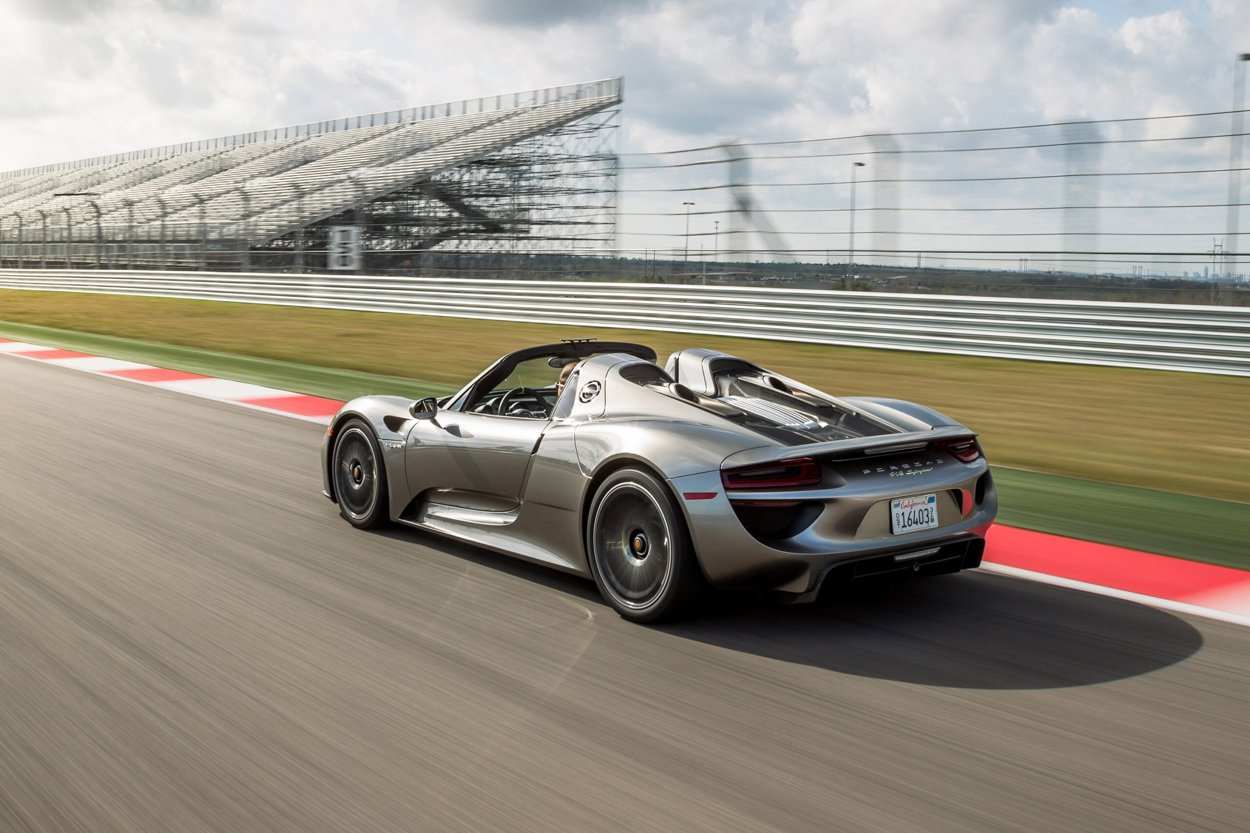 Porsche 918 Spyder, Asphalt race track, Racetrack grandstands, HD Desktop wallpaper