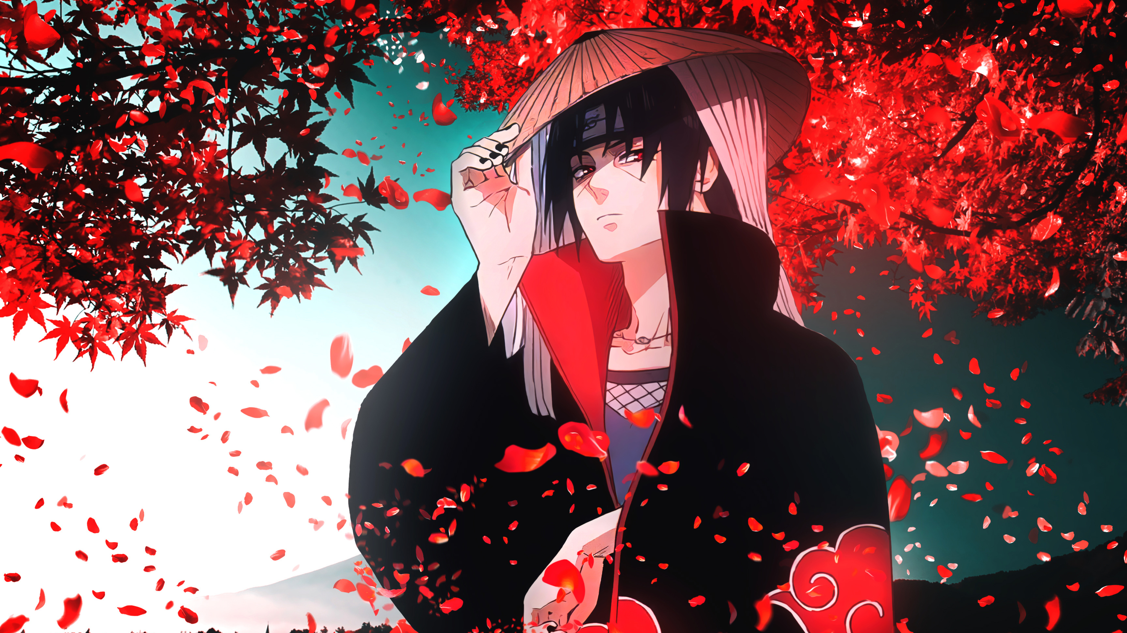 Itachi Uchiha, Akatsuki cloak, red maple leaves, 4K Desktop wallpaper