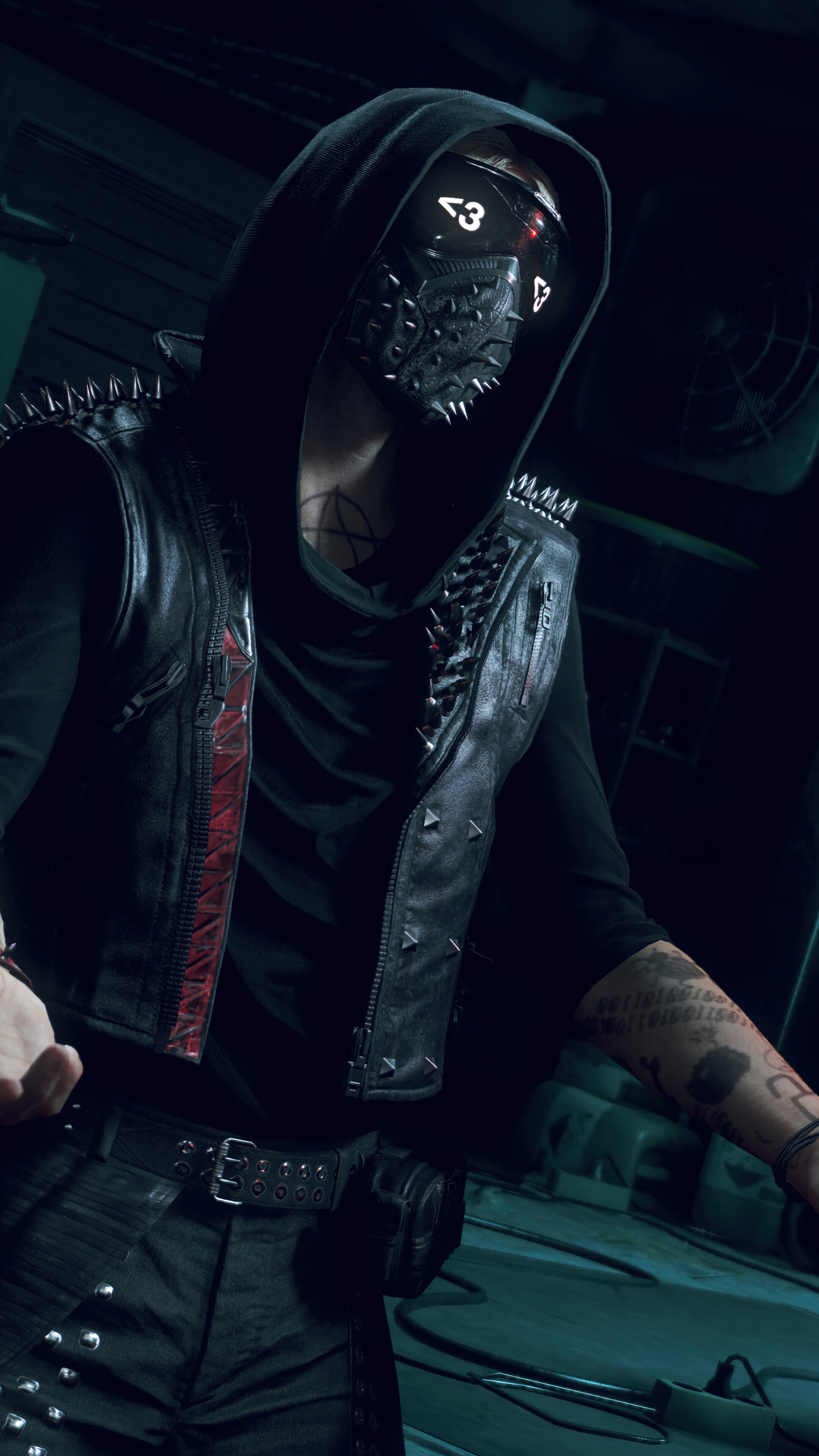 Watch Dogs 2 Wrench, spiked LED emoticon mask, studded leather punk vest, 4K Phone wallpaper