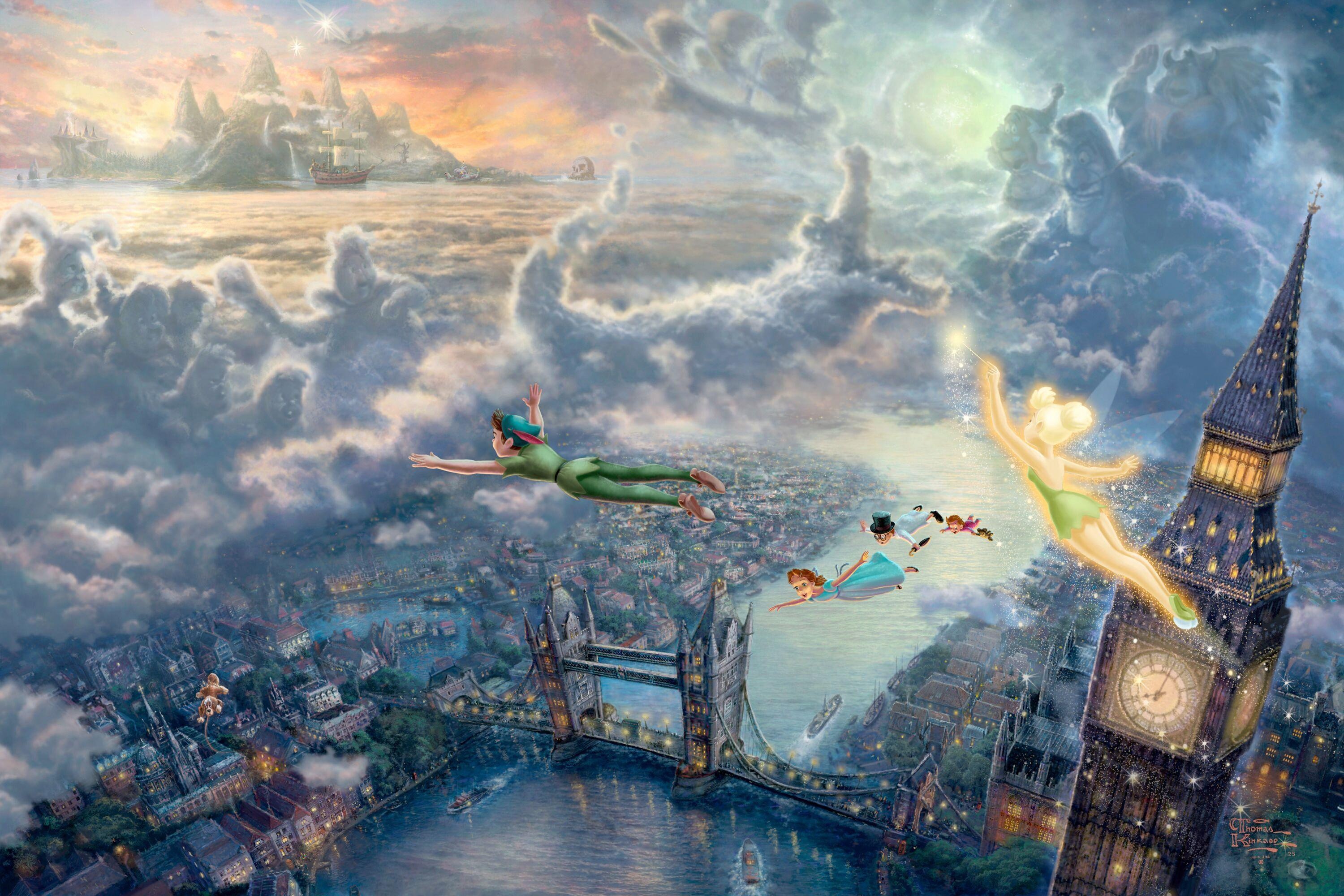 Peter Pan flying, Glowing Tinker Bell, Wendy Darling and brothers, Tower Bridge and Big Ben, Neverland in the clouds, HD Desktop wallpaper