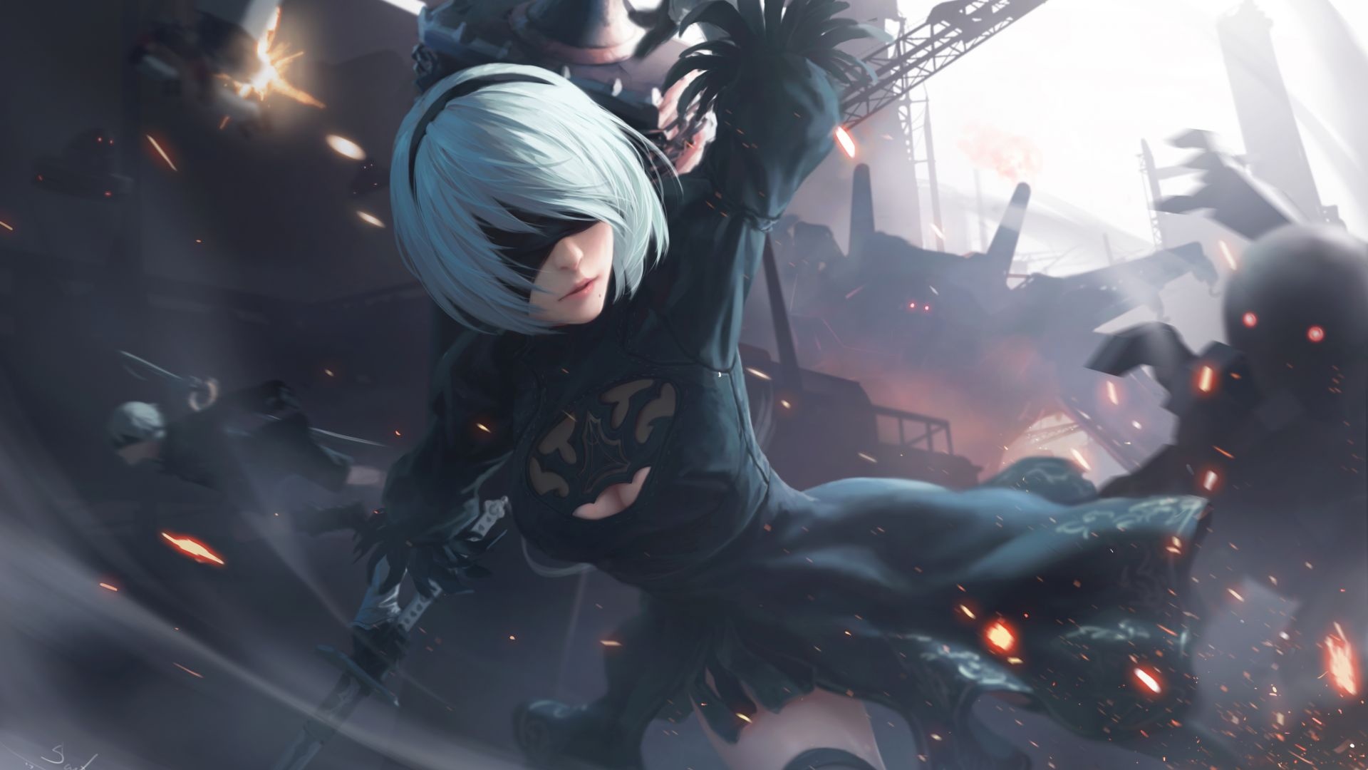 2B YoRHa No.2 Type B, NieR:Automata Machine Lifeform, Industrial battlefield ruins, Full HD Desktop wallpaper