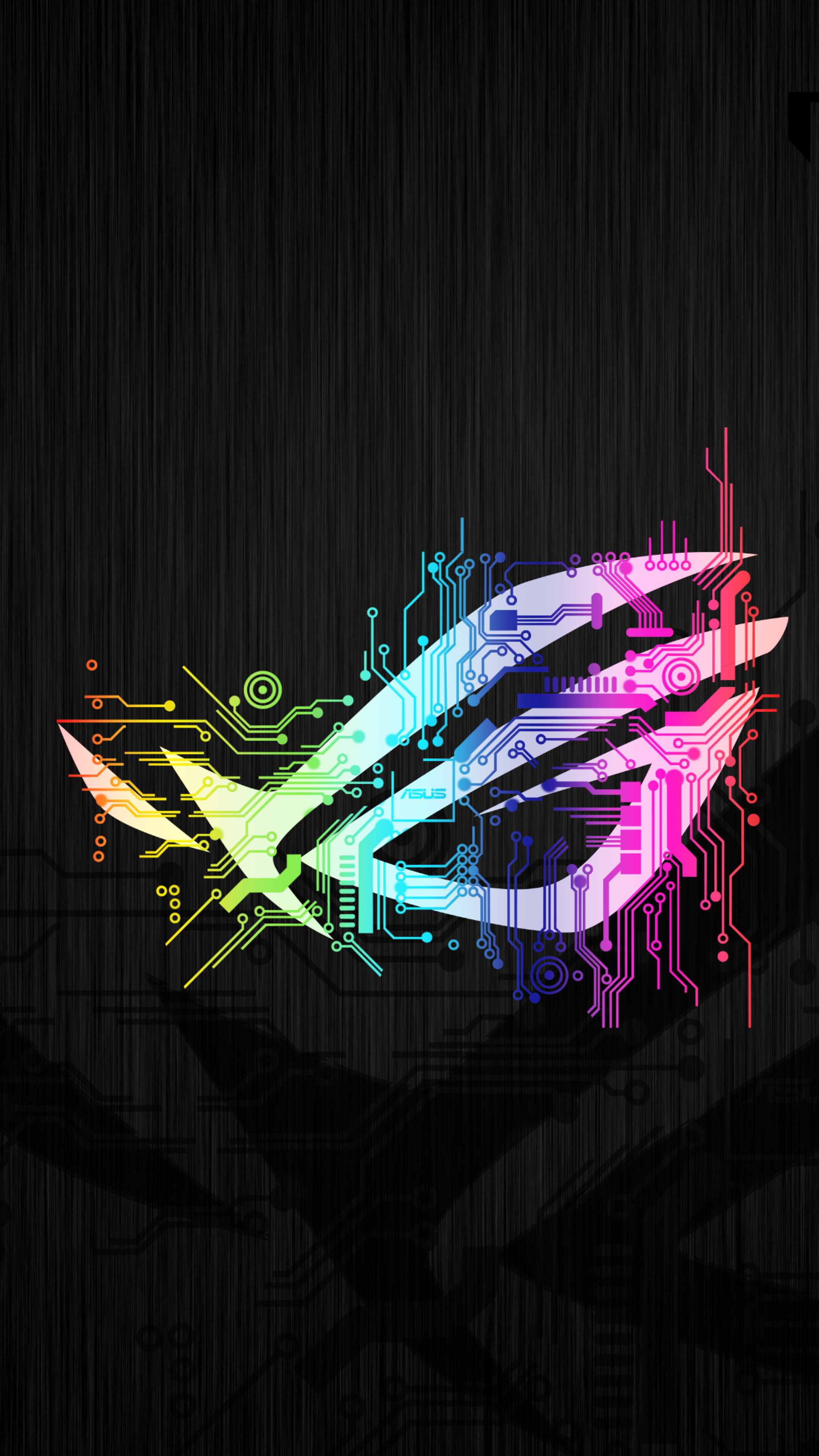 ASUS Republic of Gamers circuit logo, Rainbow circuit board traces, Black brushed texture backdrop, 4K Phone wallpaper