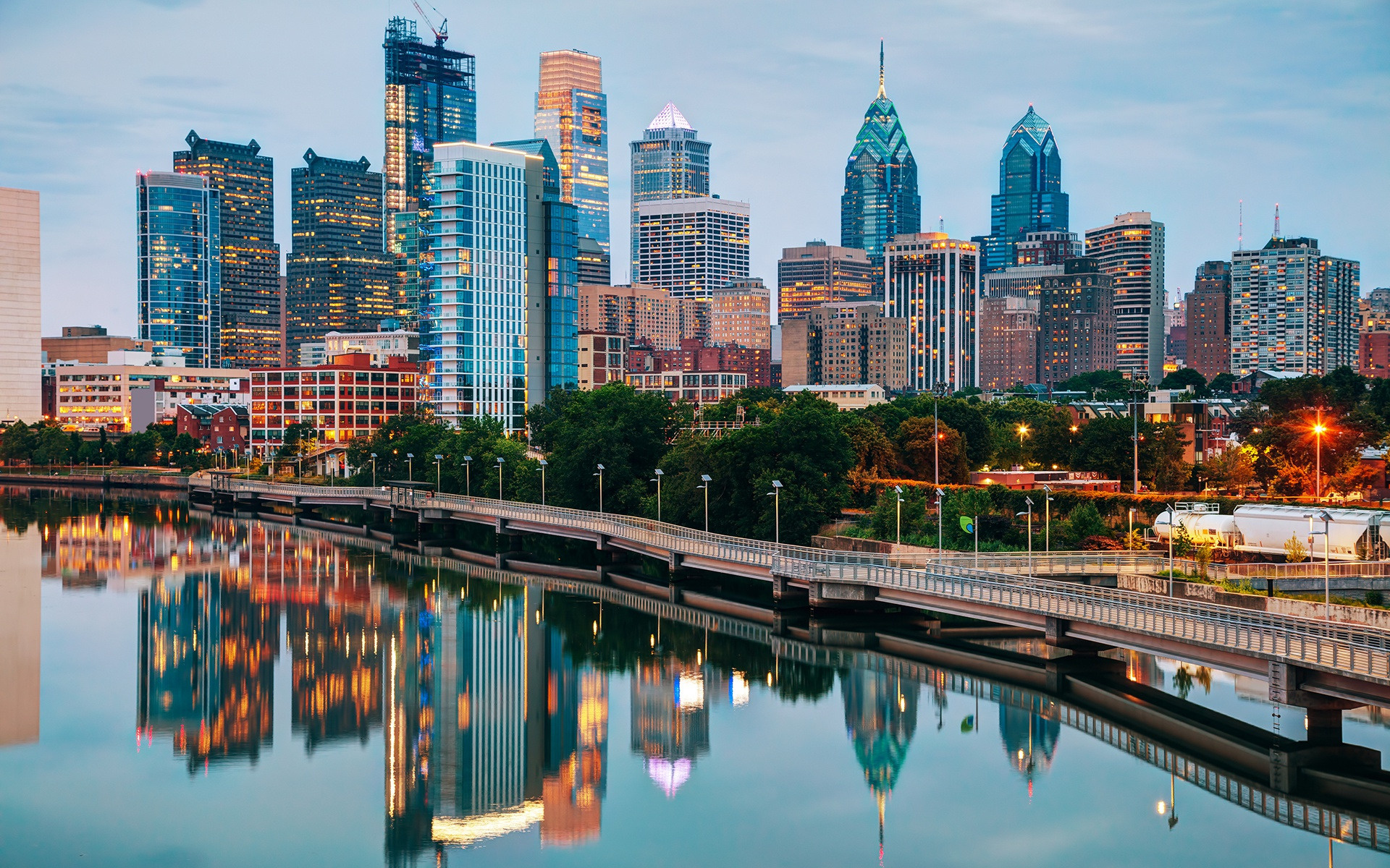 Philadelphia Skyline, Skyscrapers, Evening sunset, Pennsylvania USA, 1920x1200 HD Desktop