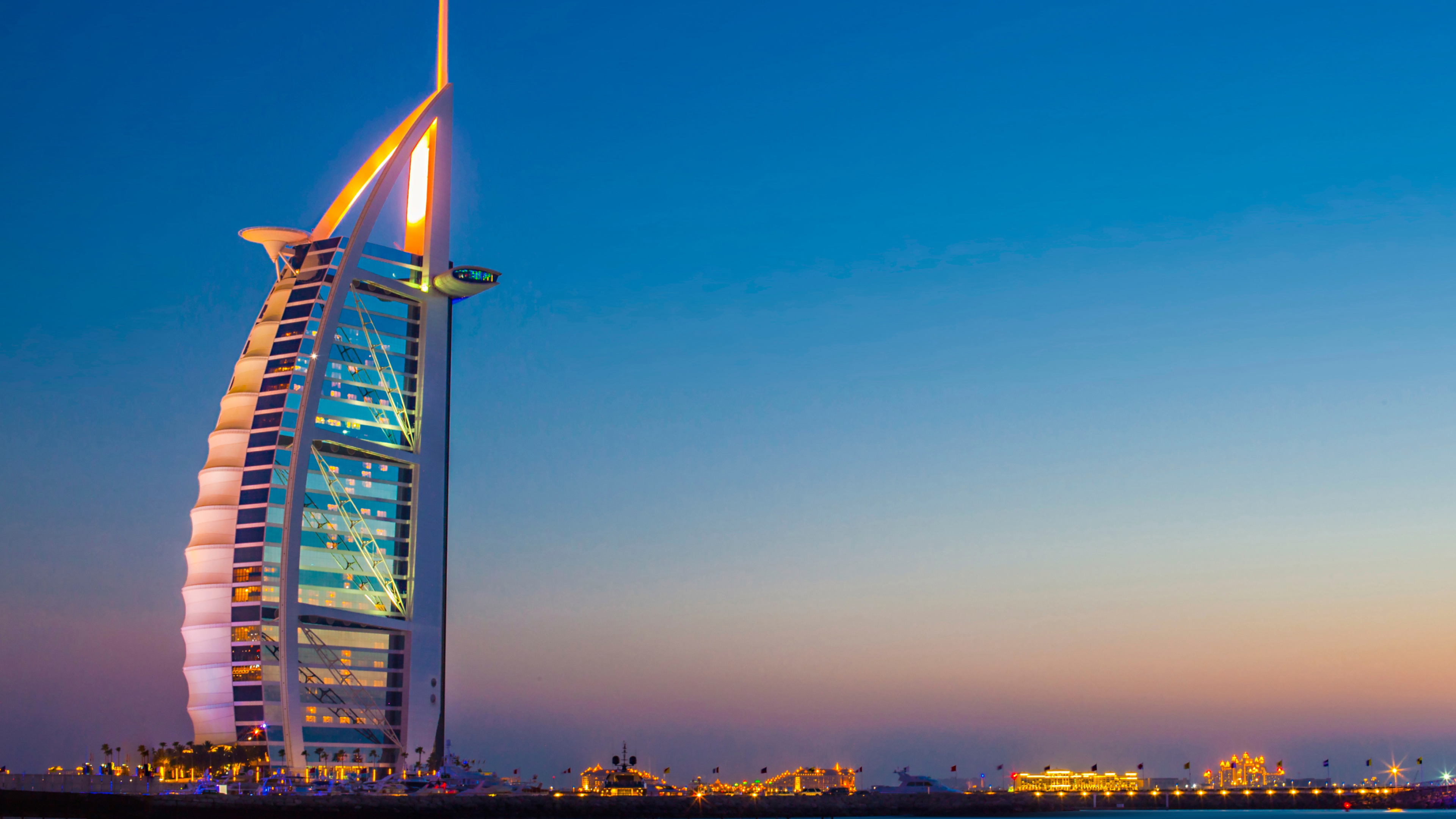 Burj al Arab at night, Dubai's iconic hotel, Beautiful architecture, United Arab Emirates, 3840x2160 4K Desktop