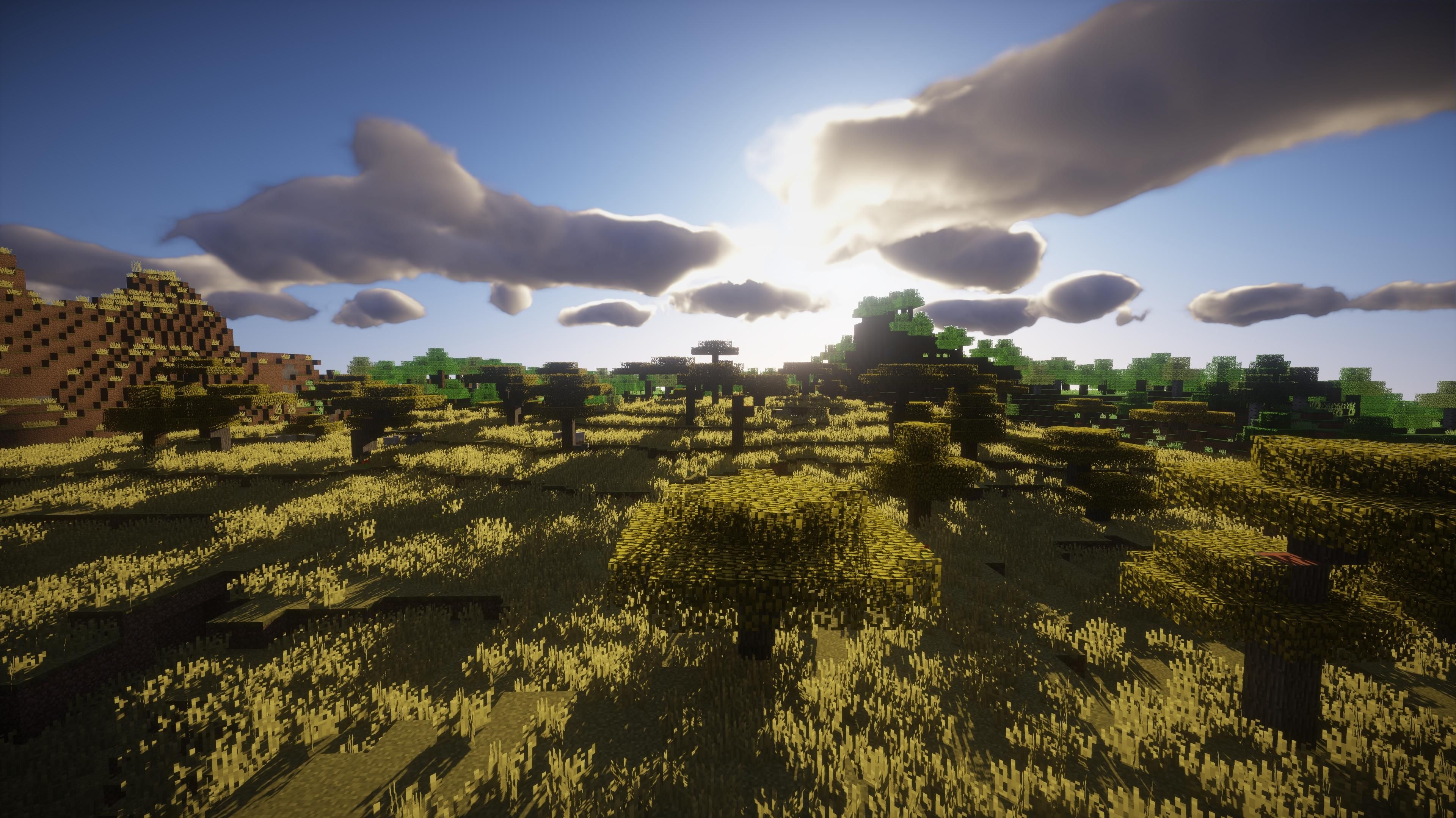 Minecraft savanna biome, Minecraft acacia trees, shader sunlight and clouds, 4K Desktop wallpaper
