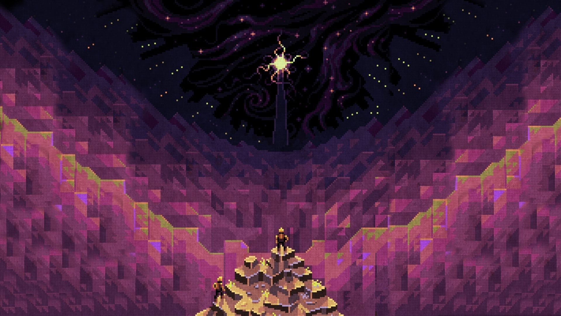 pixel art space explorers, glowing cosmic spire tower, purple geometric alien canyon, Full HD Desktop wallpaper