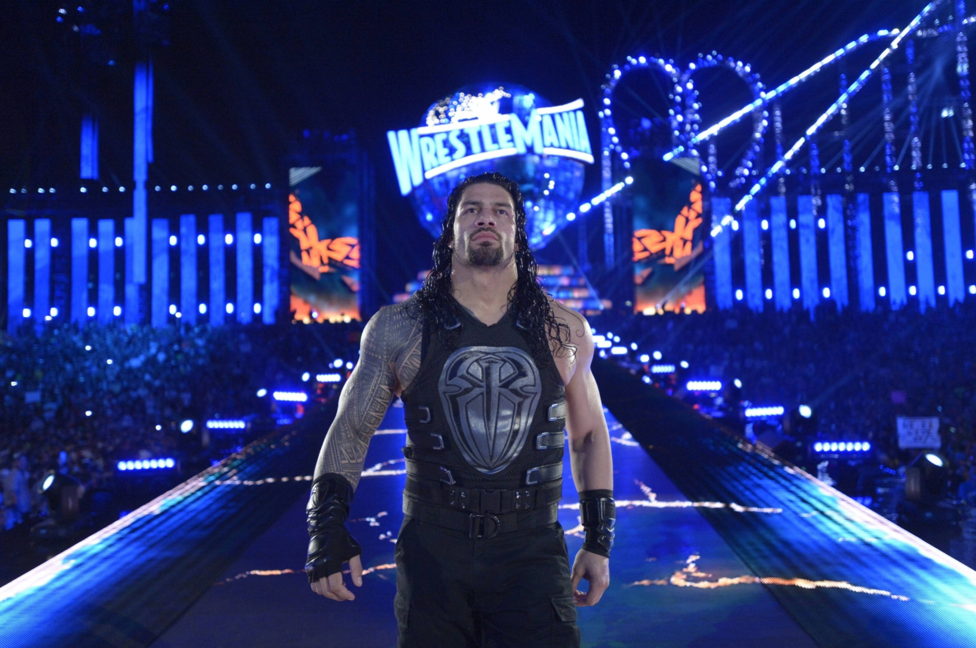 Roman Reigns, WRESTLEMANIA sign, stadium entrance ramp, HD Desktop wallpaper