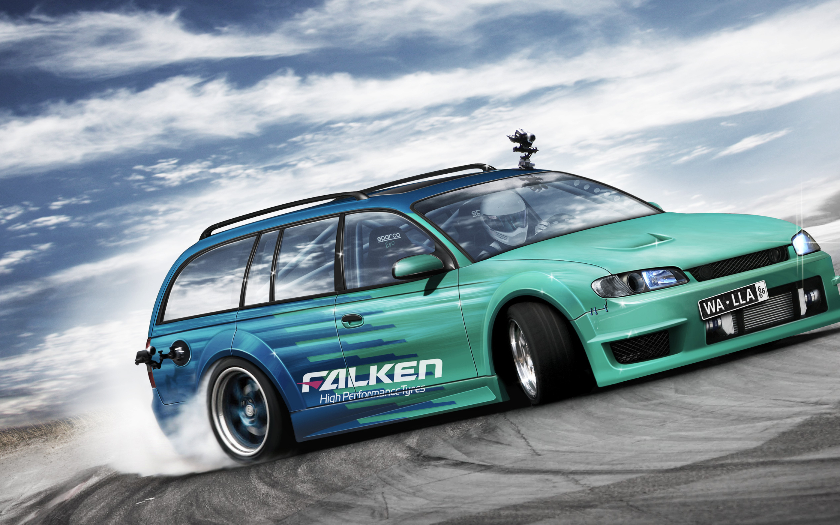 teal Falken drift wagon, Falken High Performance Tyres, tire smoke drift, HD Desktop wallpaper