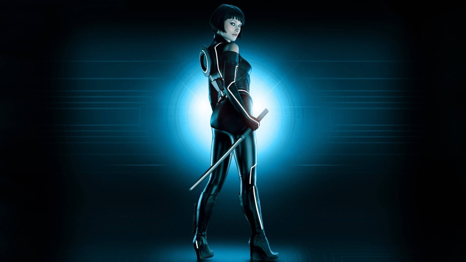 Olivia Wilde as Quorra, Tron: Legacy light suit, Glowing identity disc, Full HD Desktop wallpaper