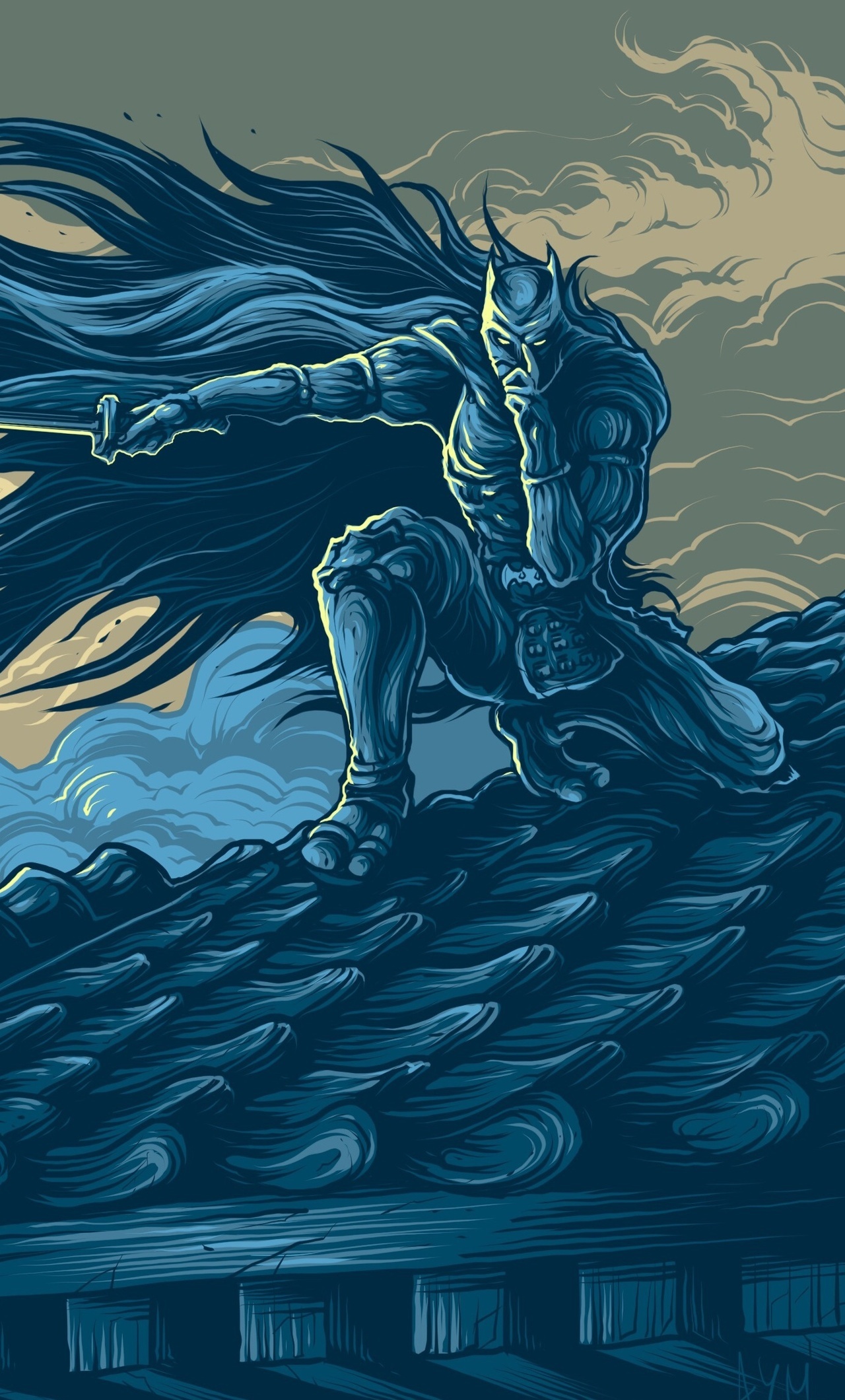 Batman Ninja, Japanese tiled rooftop, Flowing dark cape, HD Phone wallpaper