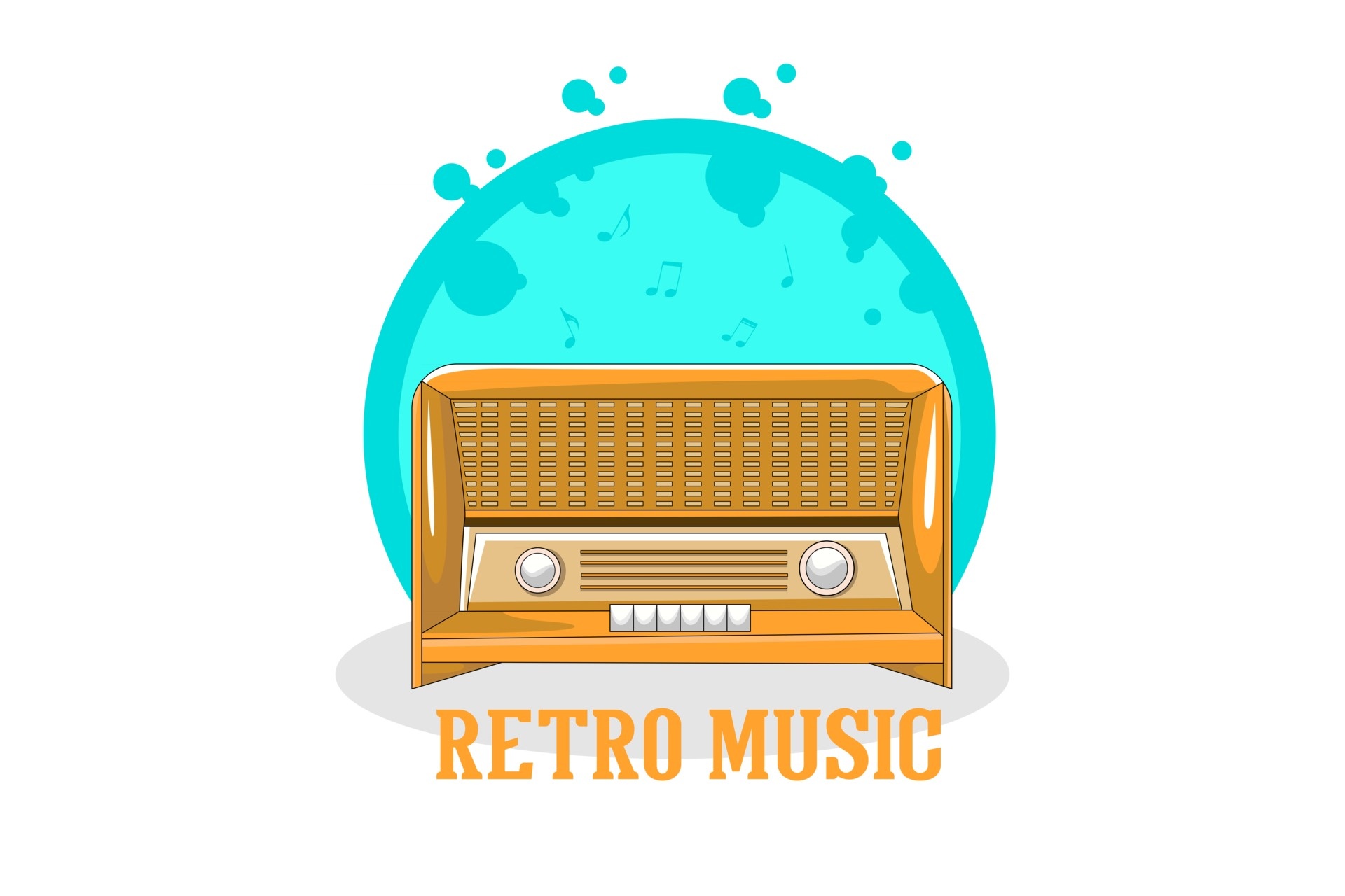 Vintage tabletop radio illustration, Retro Music typography graphic, Teal splash circle background, HD Desktop wallpaper