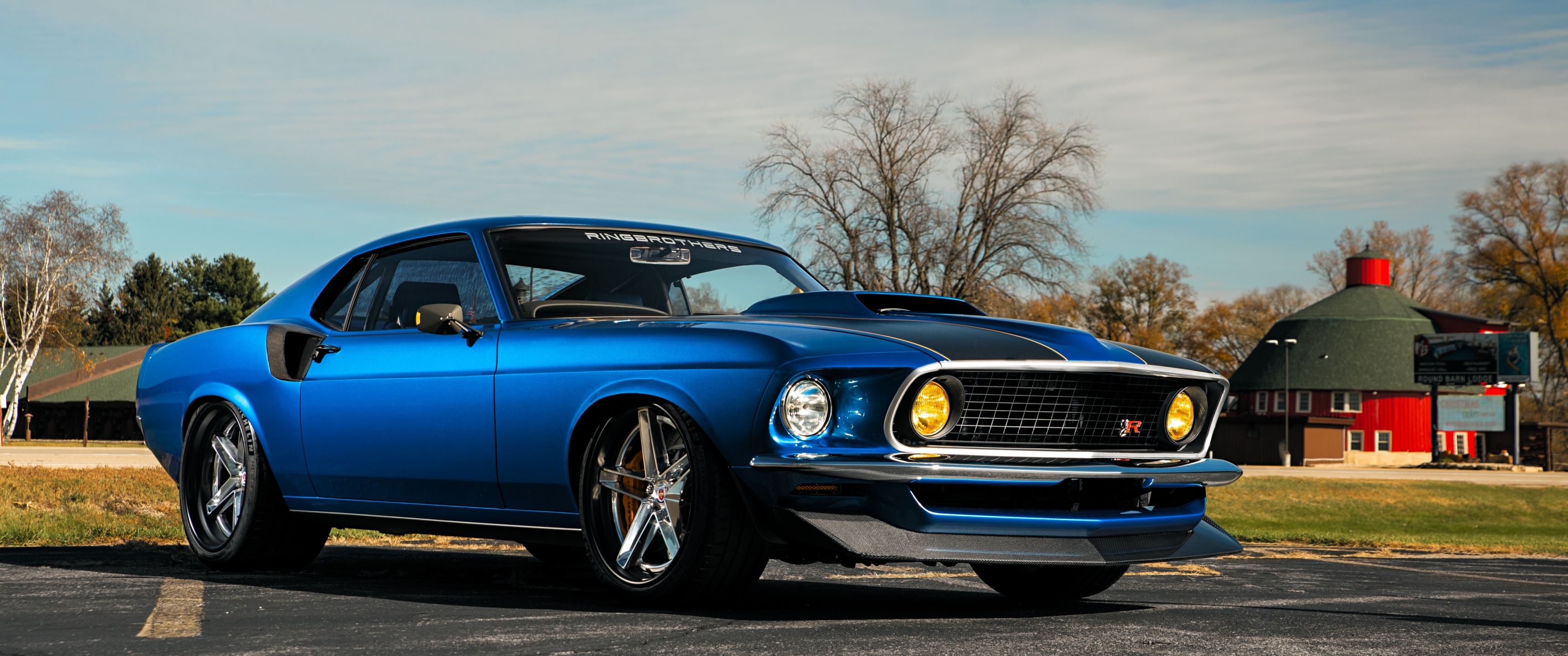Ringbrothers 1969 Ford Mustang, Amber inboard grille lamps, Metallic blue paint finish, Dual Screen Desktop wallpaper
