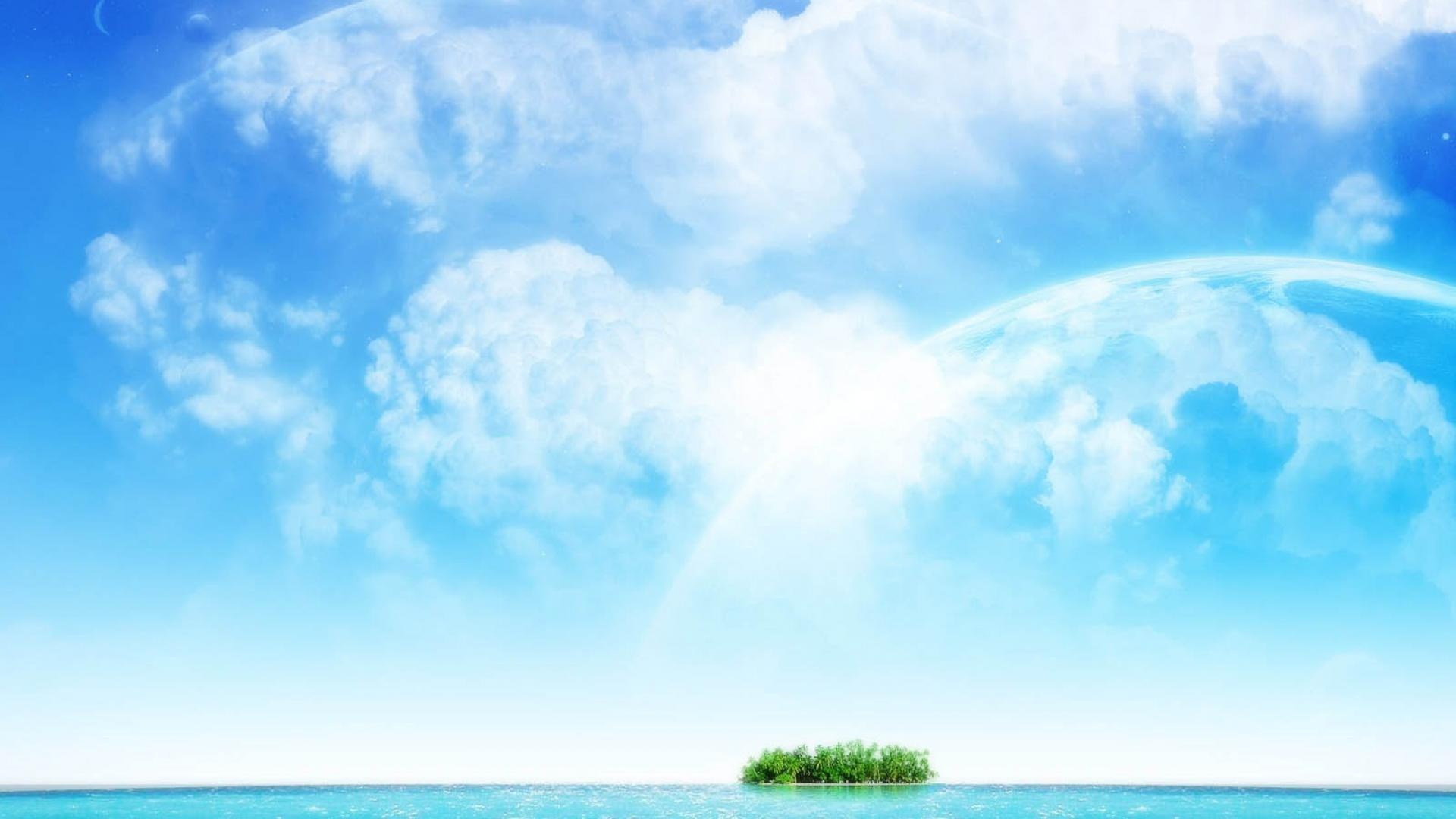 tiny tropical island, giant celestial planet, bright blue cloudy sky, Full HD Desktop wallpaper