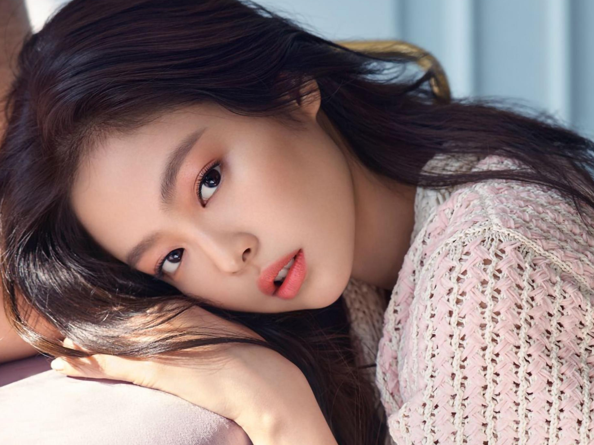 Jennie Kim, pink woven tweed top, close-up beauty portrait, HD Desktop wallpaper