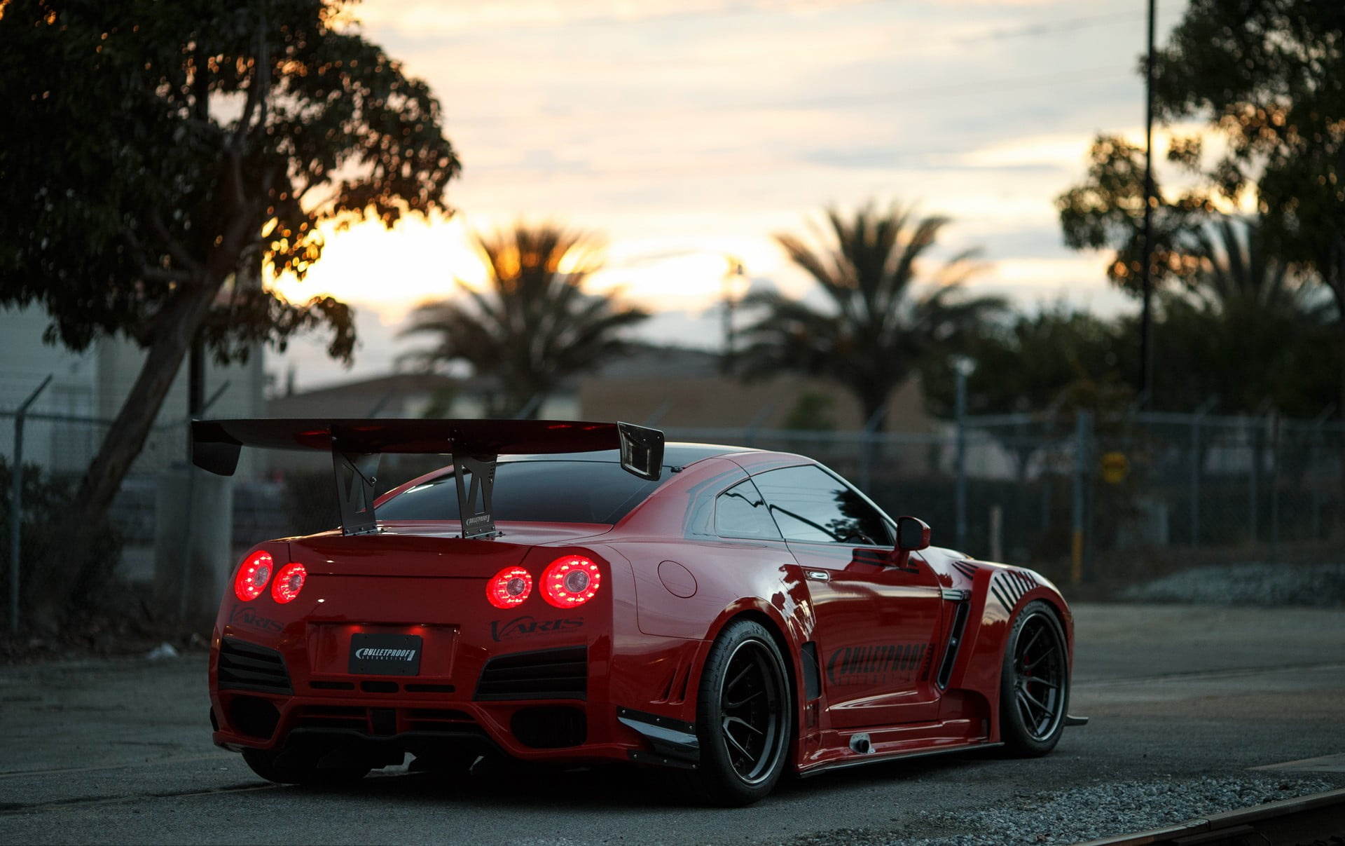 Varis Nissan GT-R R35, Bulletproof Automotive, Palm tree sunset, HD Desktop wallpaper