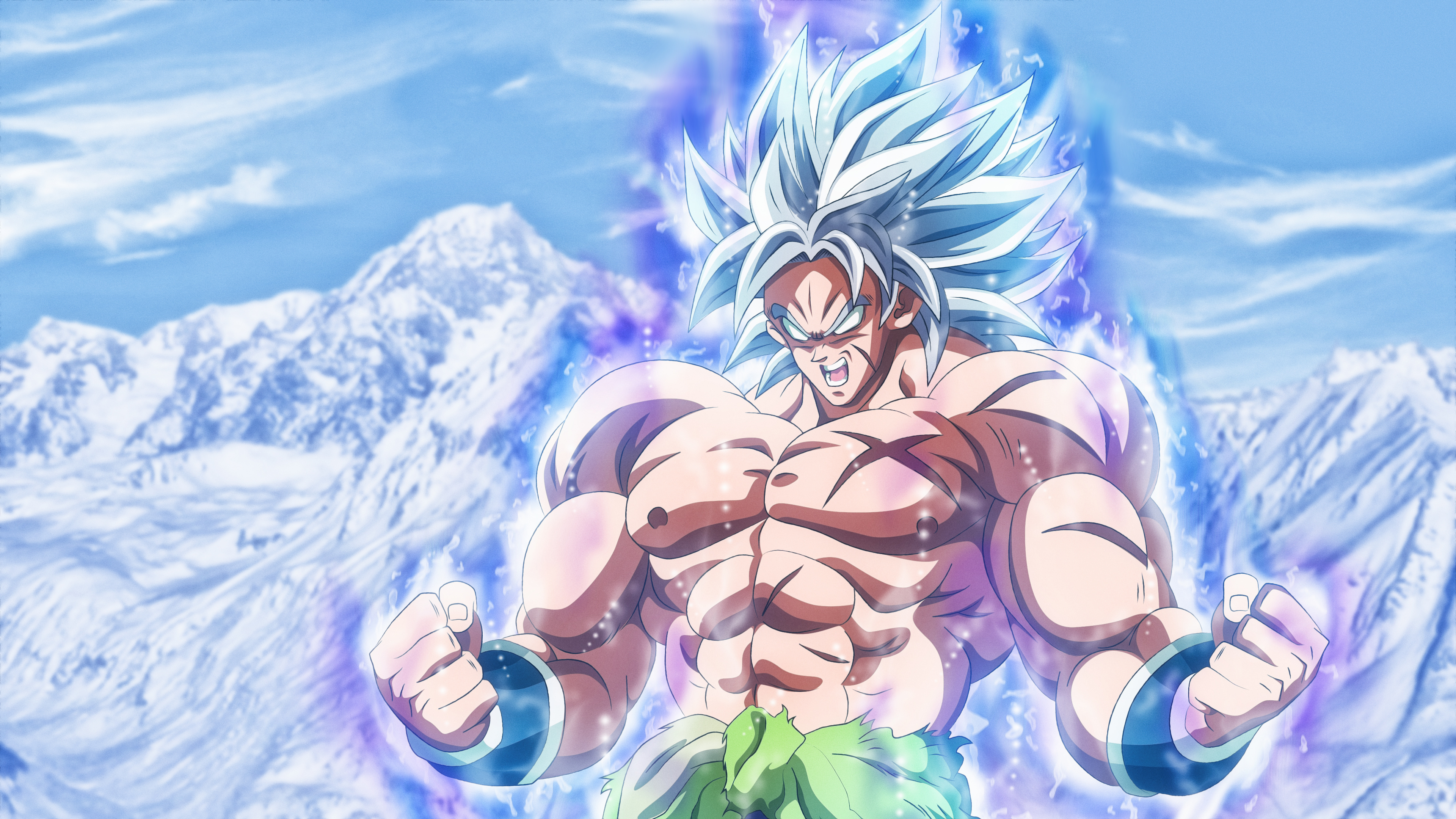Ultra Instinct Broly, Ultra Instinct aura, snow-covered mountain range, 4K Desktop wallpaper