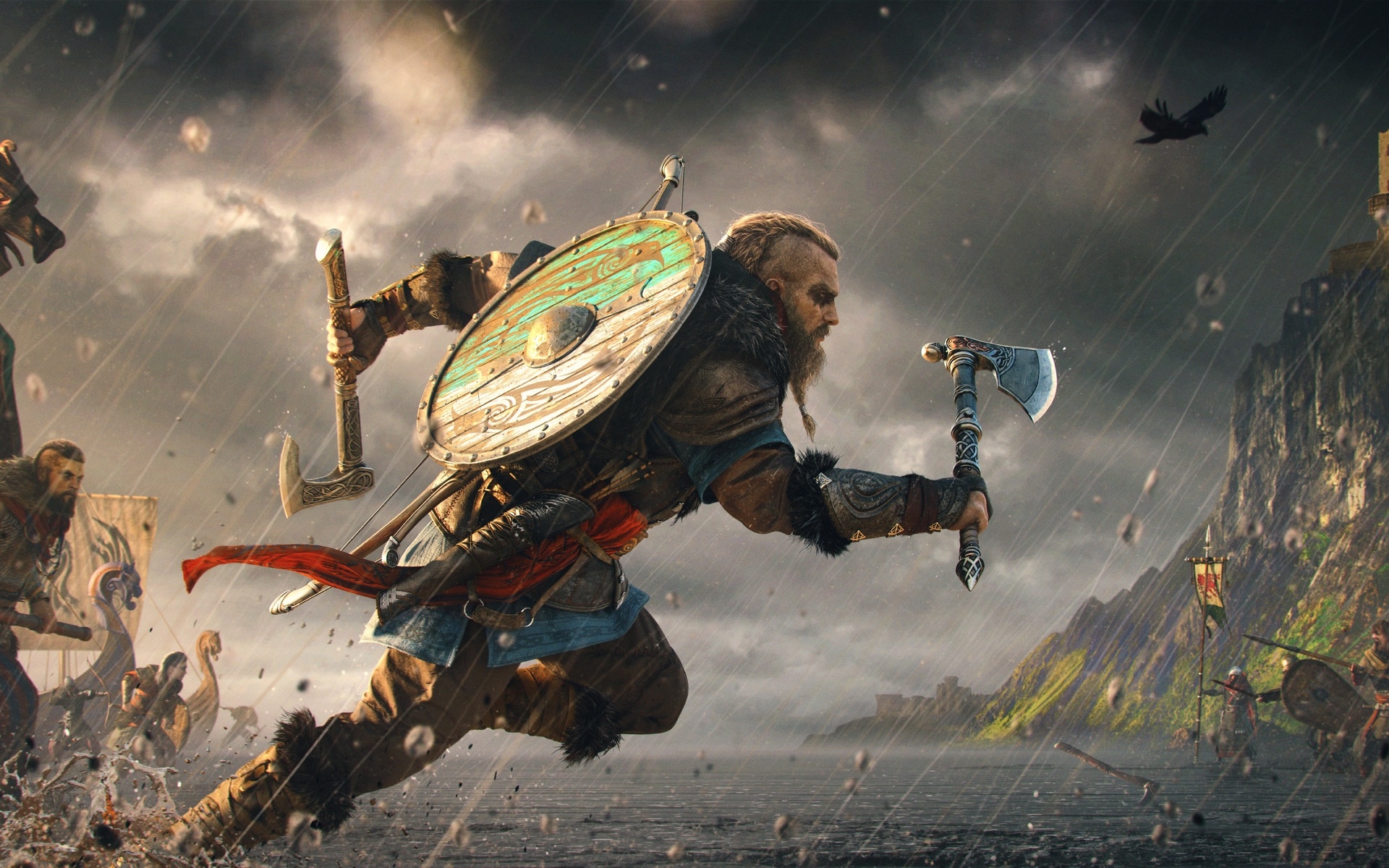 Eivor dual-wielding axes, Assassin's Creed Valhalla, Viking longship beach raid, Synin flying overhead, HD Desktop wallpaper
