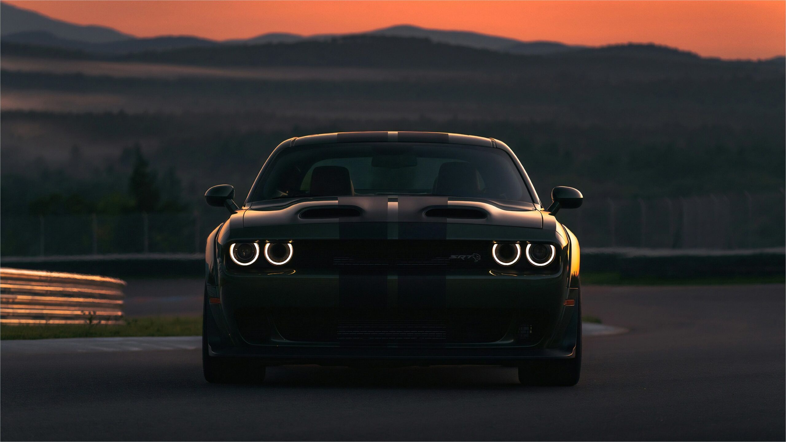 Dodge Challenger SRT Hellcat, asphalt race track, sunset mountain horizon, HD Desktop wallpaper