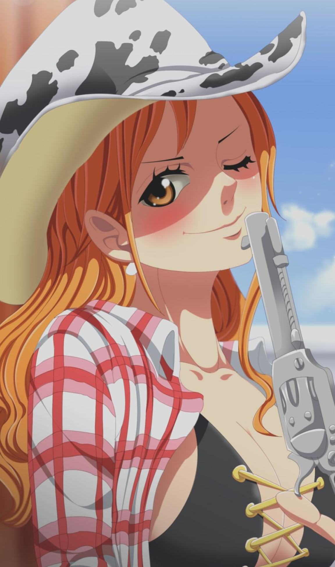Nami, cow-print cowboy hat, silver revolver, HD Phone wallpaper