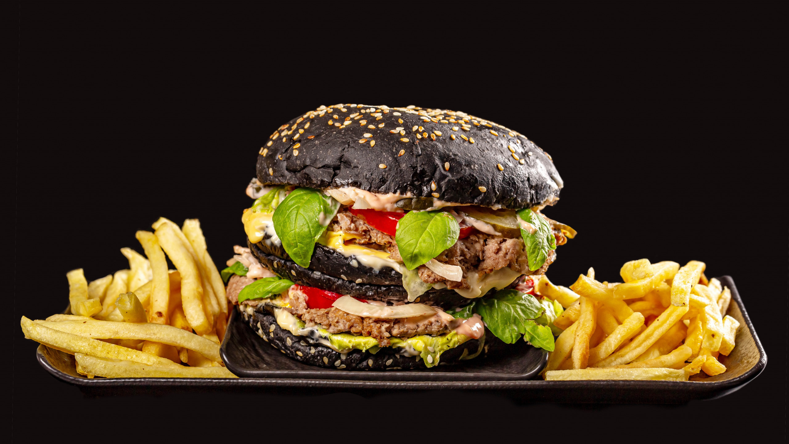 Dark background fries, Delicious burger, Food section wallpaper, Appetizing image, 2560x1440 HD Desktop