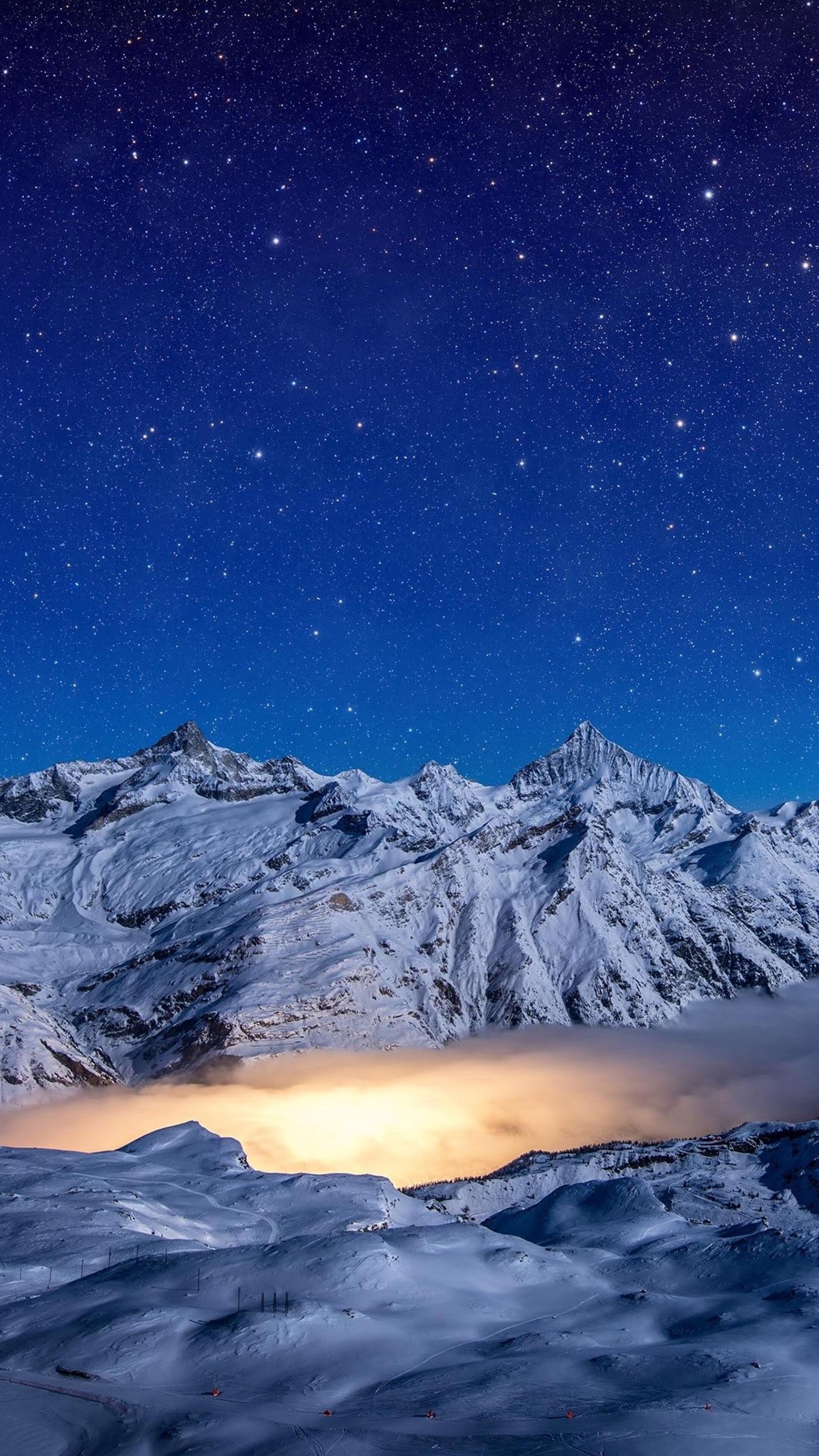 Starry night charm, Snow-covered peaks, Serene beauty, Nighttime enchantment, 2160x3840 4K Phone